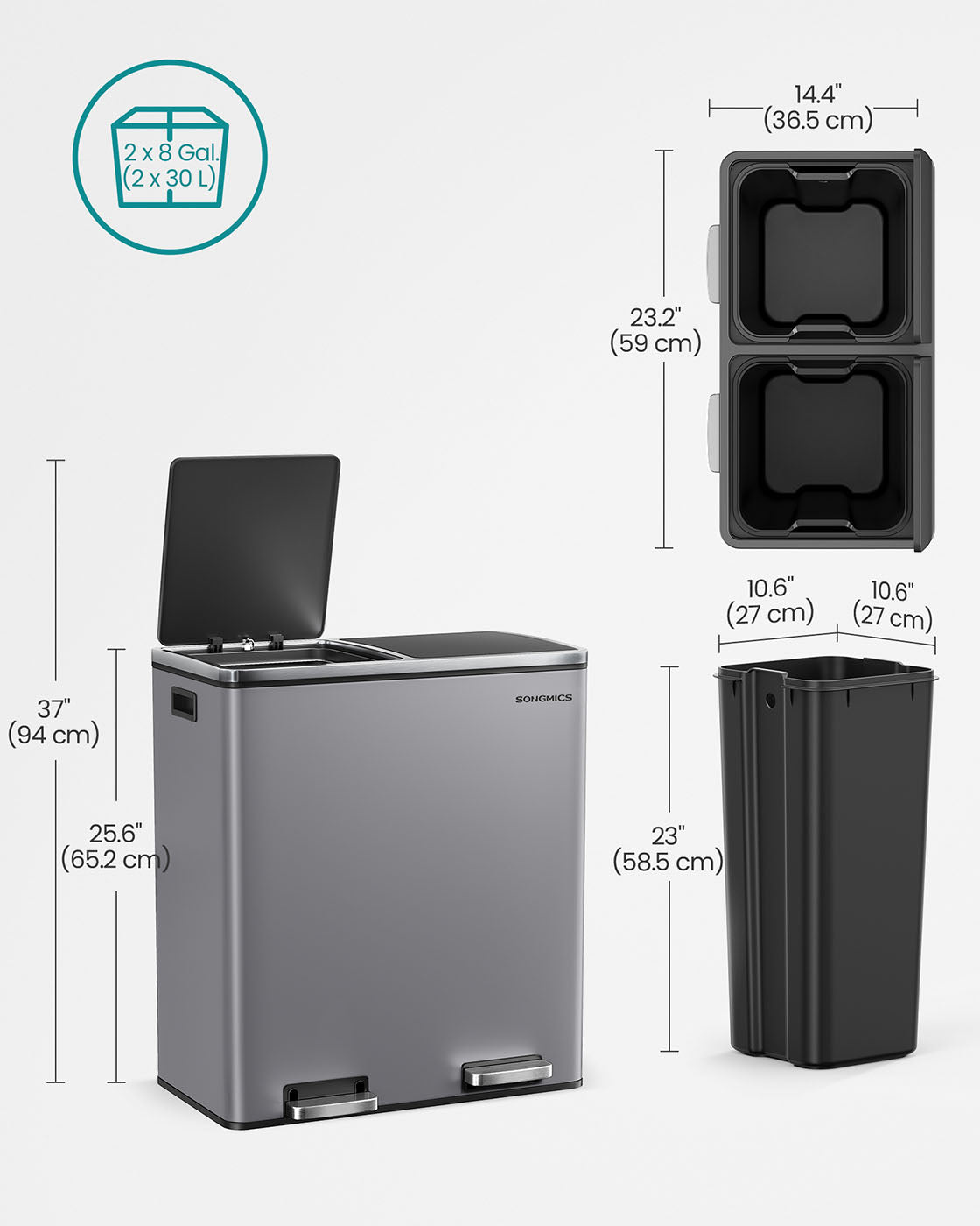 Dual Compartment Rubbish Bin - Plastic - Slate Grey - Soft Close