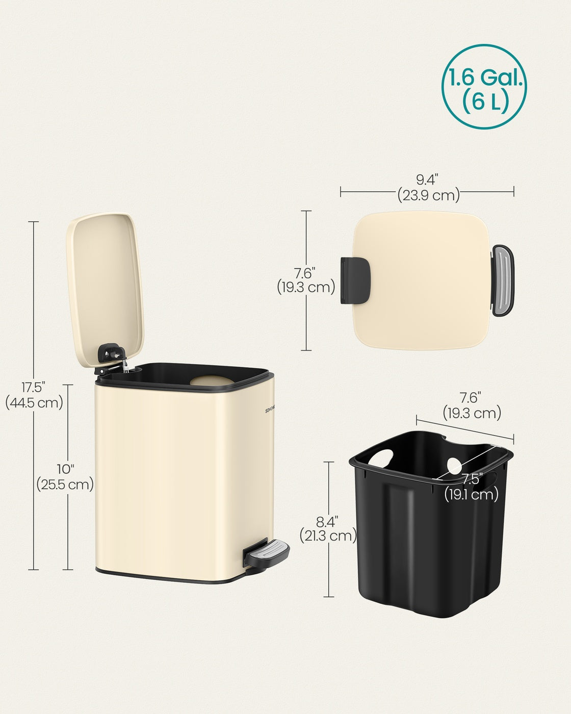Kitchen Bin 1.6-Gallon ( ) Trash Bin - Stainless Steel and Plastic - Sand Beige