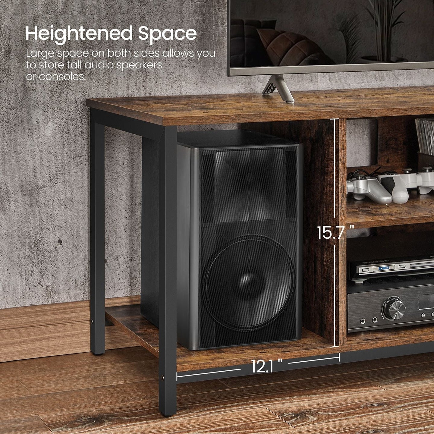 TV Stand - Wood - Rustic Brown and Black - Open Shelves for Up to 60 Inches