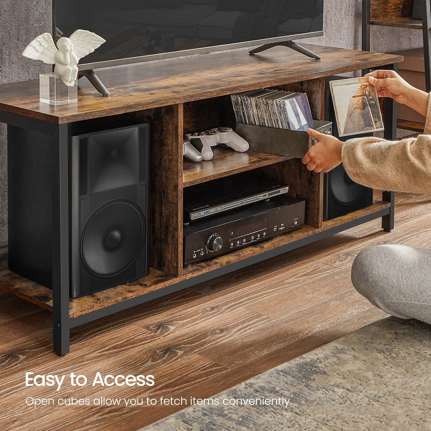 TV Stand - Wood - Rustic Brown and Black - Open Shelves for Up to 60 Inches