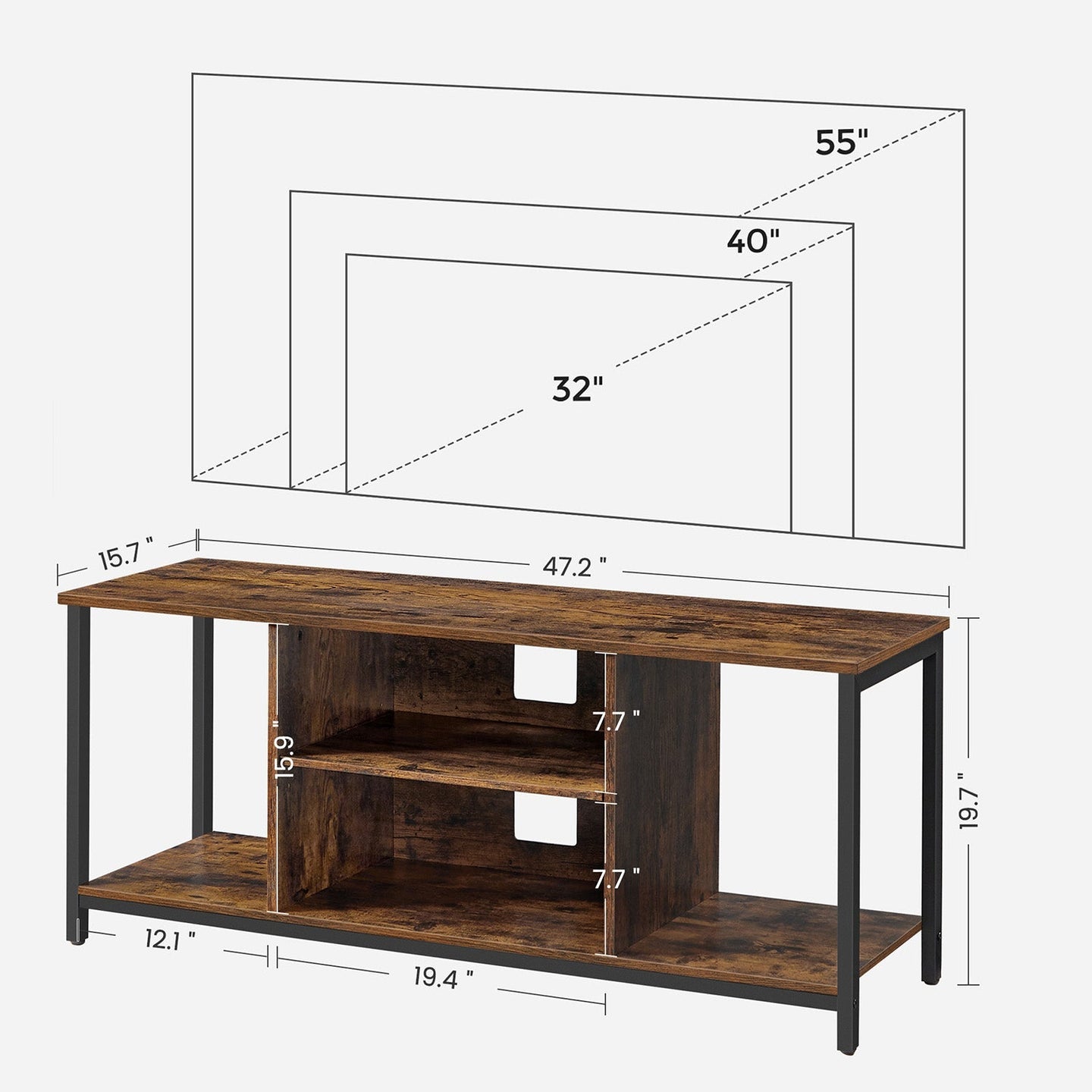 TV Stand - Wood - Rustic Brown and Black - Open Shelves for Up to 60 Inches