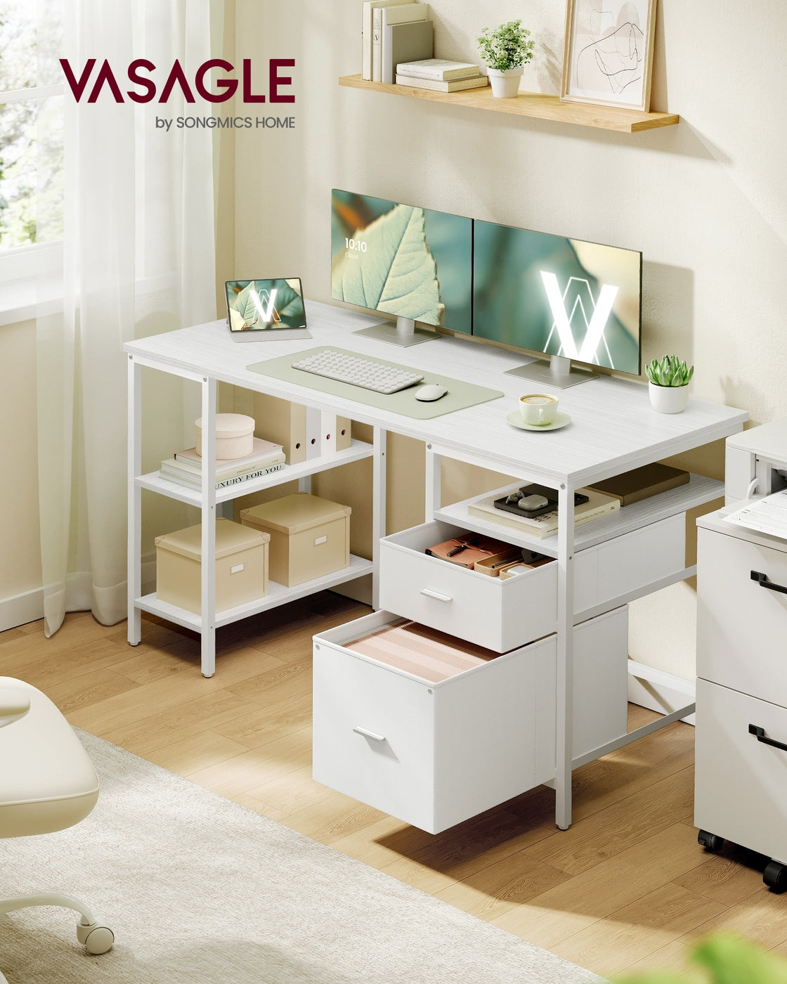 Computer Desk - Wood and Steel - Maple White and Cloud White