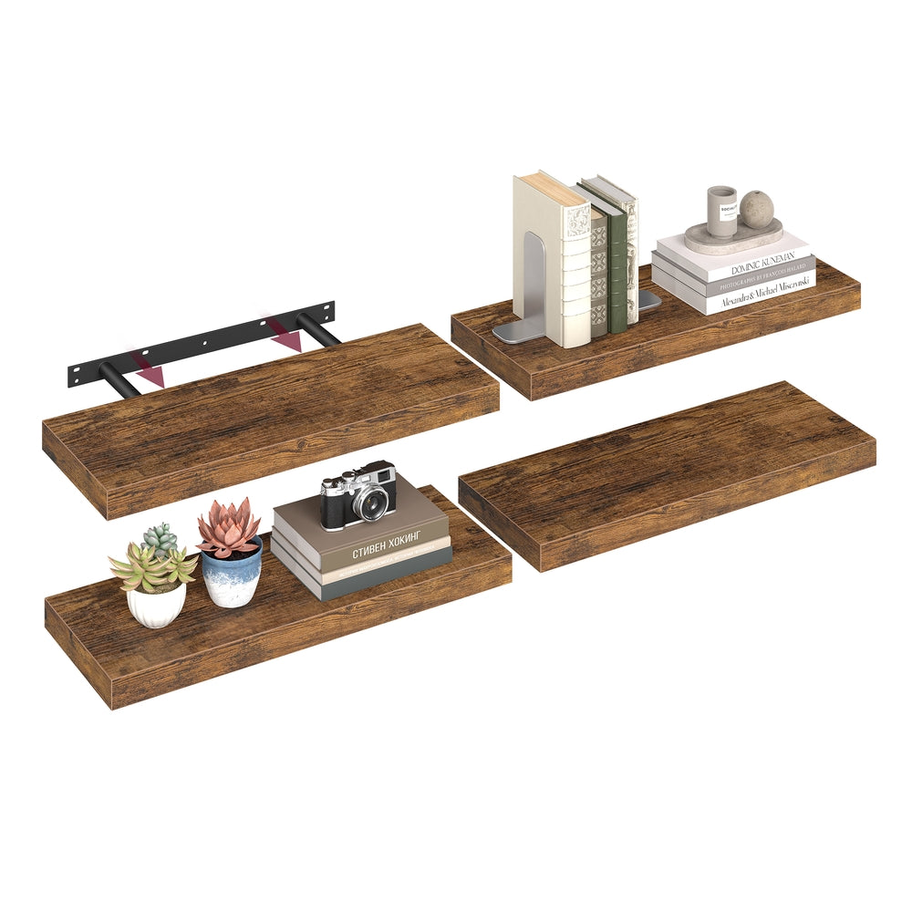 Wall Shelves Set of 4 Floating Shelves - MDF and Steel - Rustic Brown