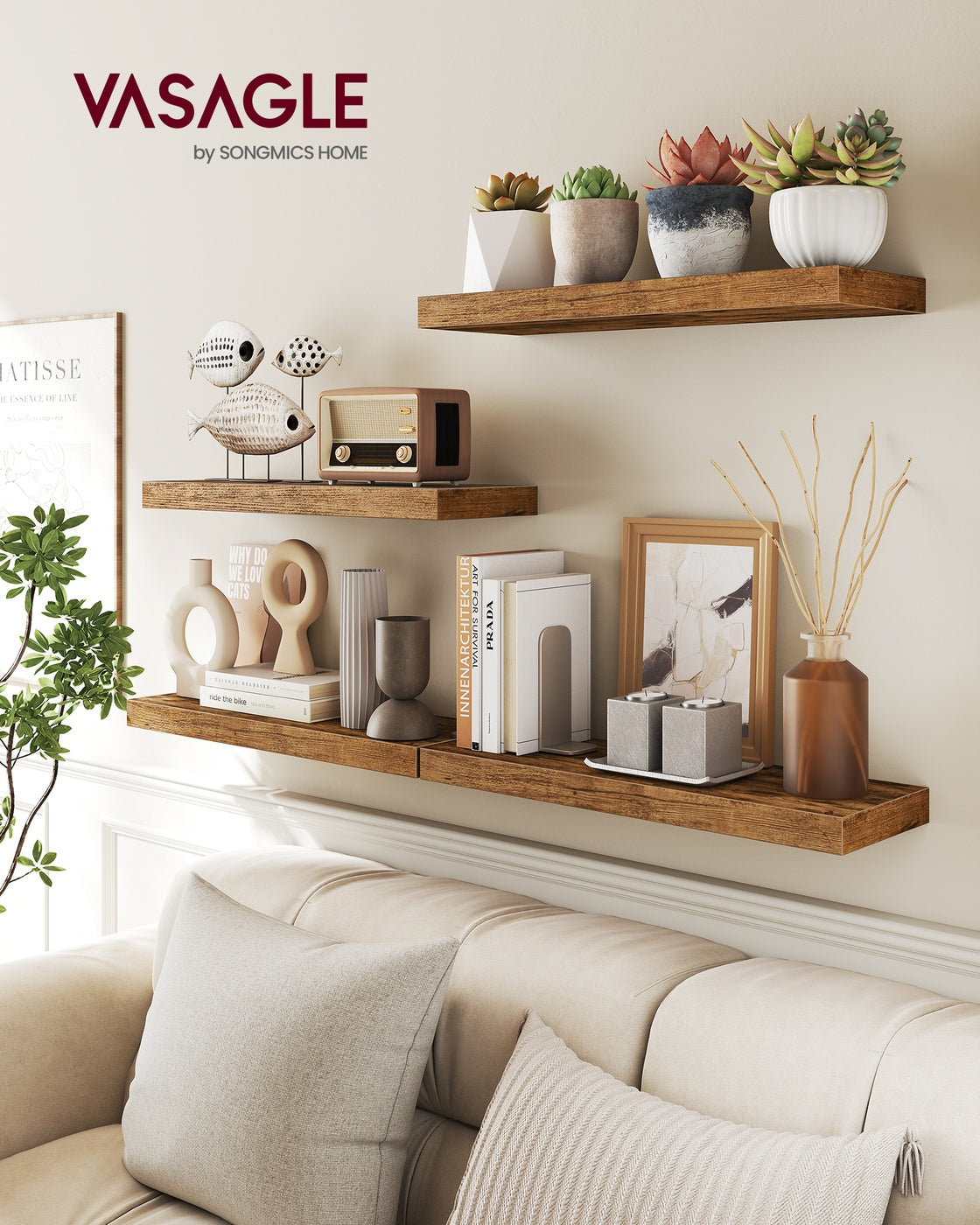 Wall Shelves Set of 4 Floating Shelves - MDF and Steel - Rustic Brown