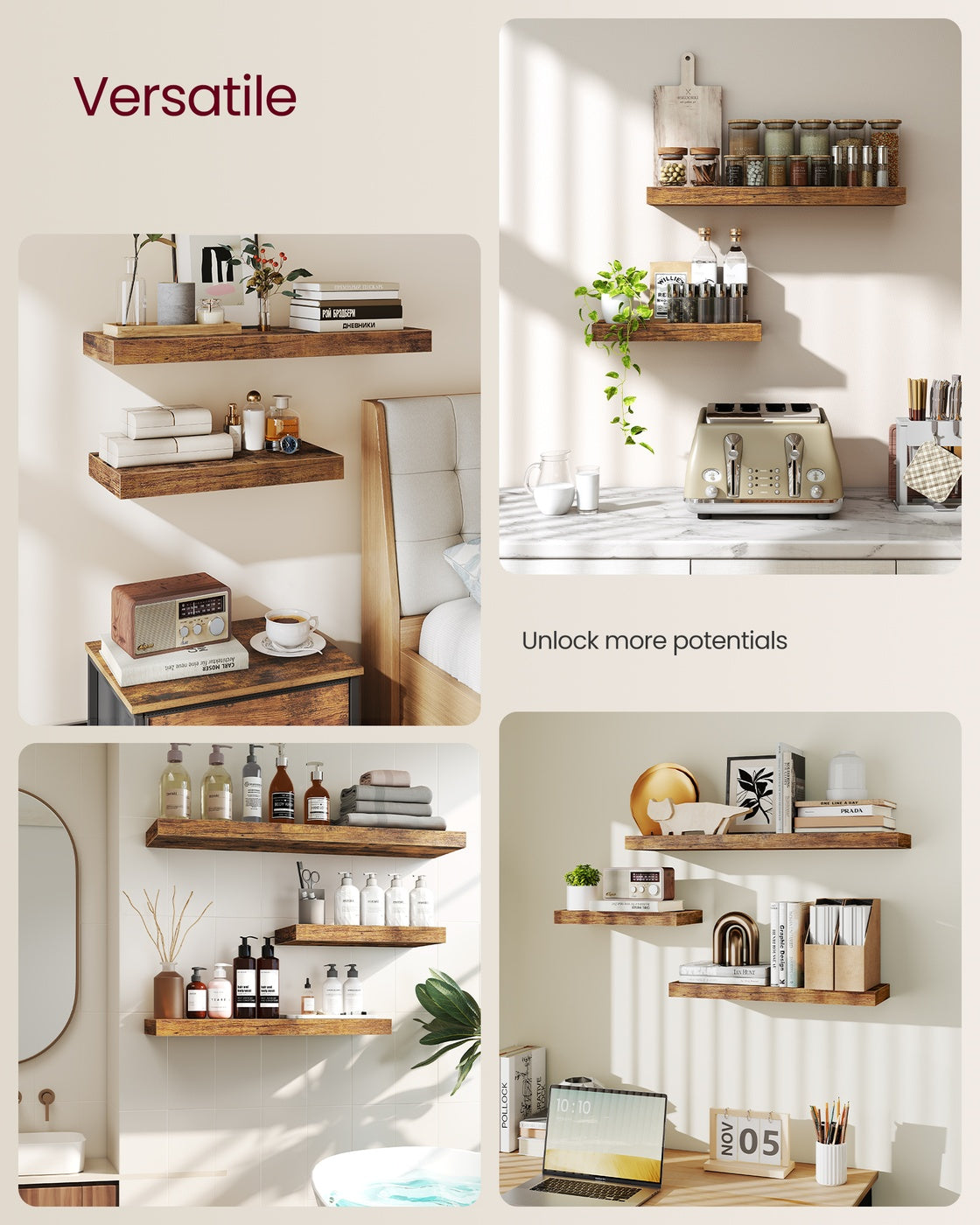 Wall Shelves Set of 4 Floating Shelves - MDF and Steel - Rustic Brown
