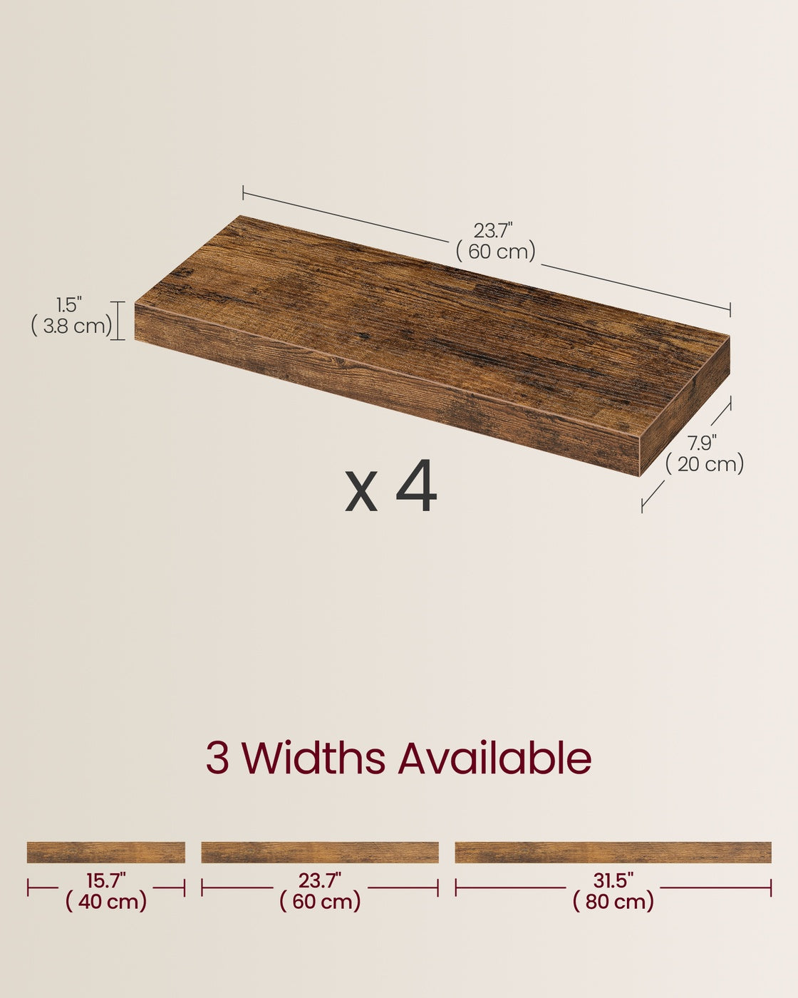 Wall Shelves Set of 4 Floating Shelves - MDF and Steel - Rustic Brown