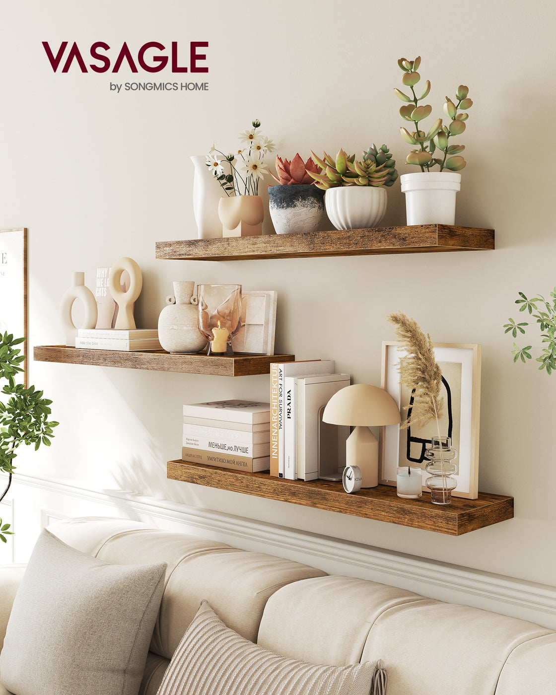 Wall Shelves Set of 3 for Picture Frames - MDF and Steel - Rustic Brown