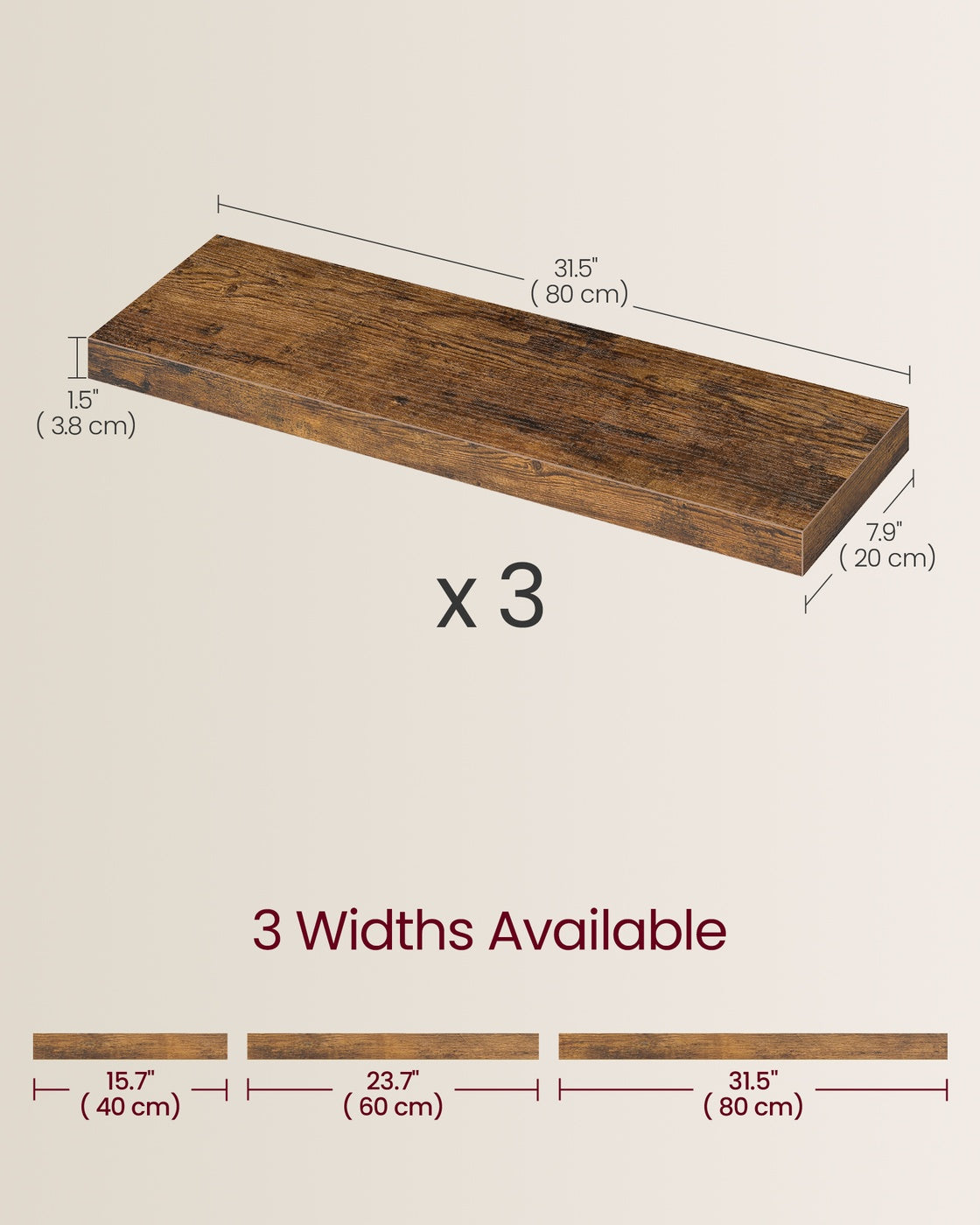 Wall Shelves Set of 3 for Picture Frames - MDF and Steel - Rustic Brown