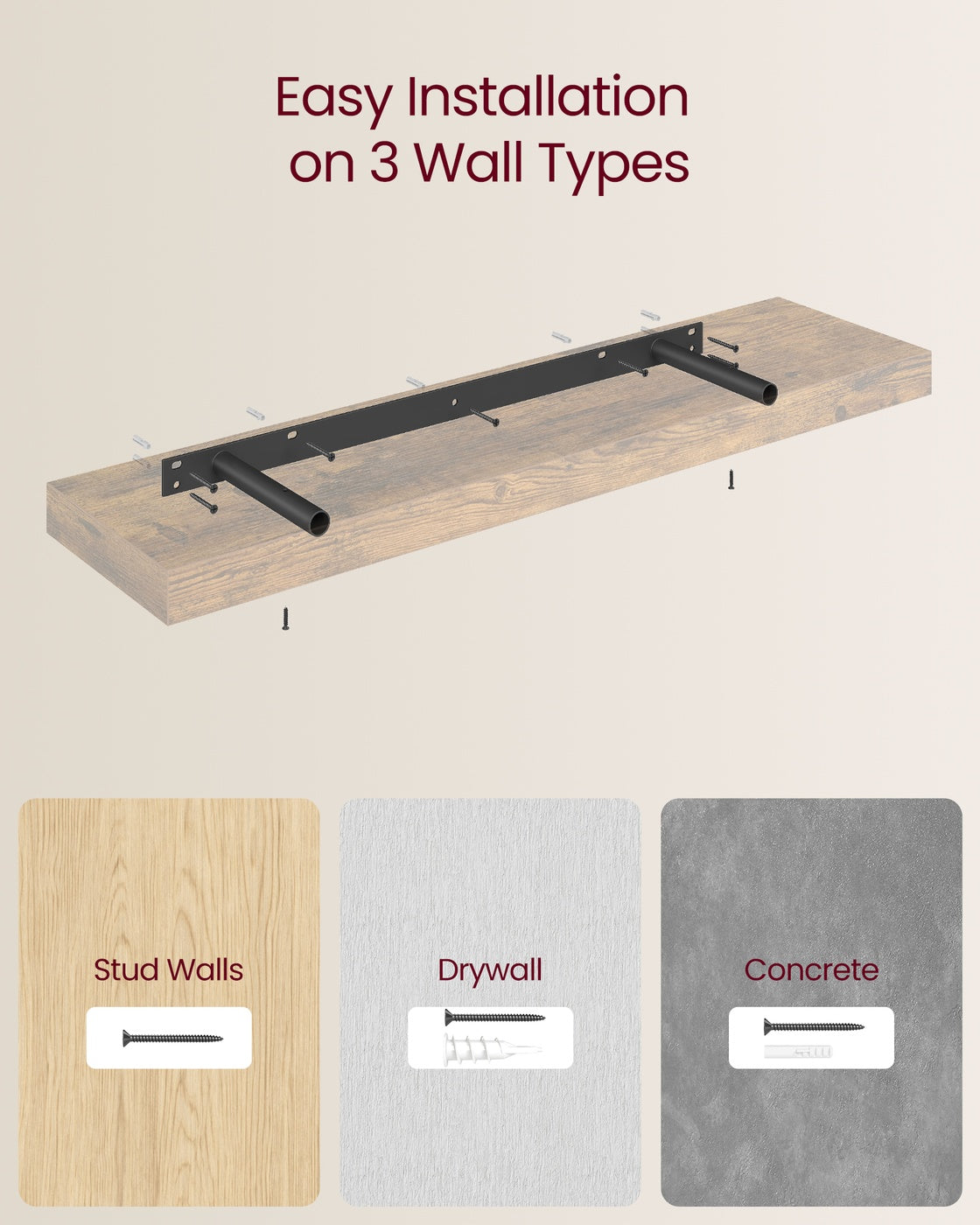 Wall Shelves Set of 3 for Picture Frames - MDF and Steel - Rustic Brown