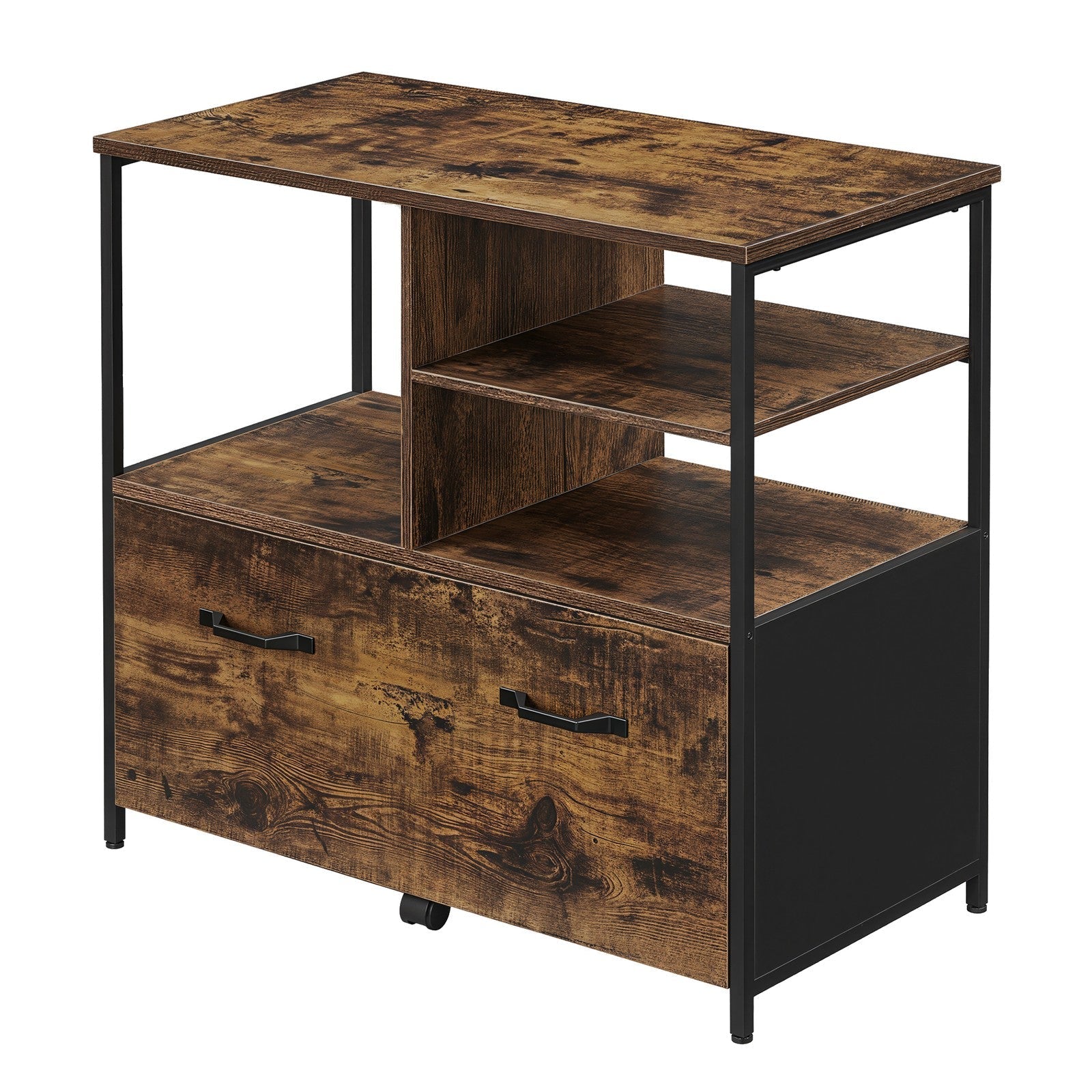 Mobile Office Storage Cabinet - Wood - Rustic Brown and Black - with Wheels