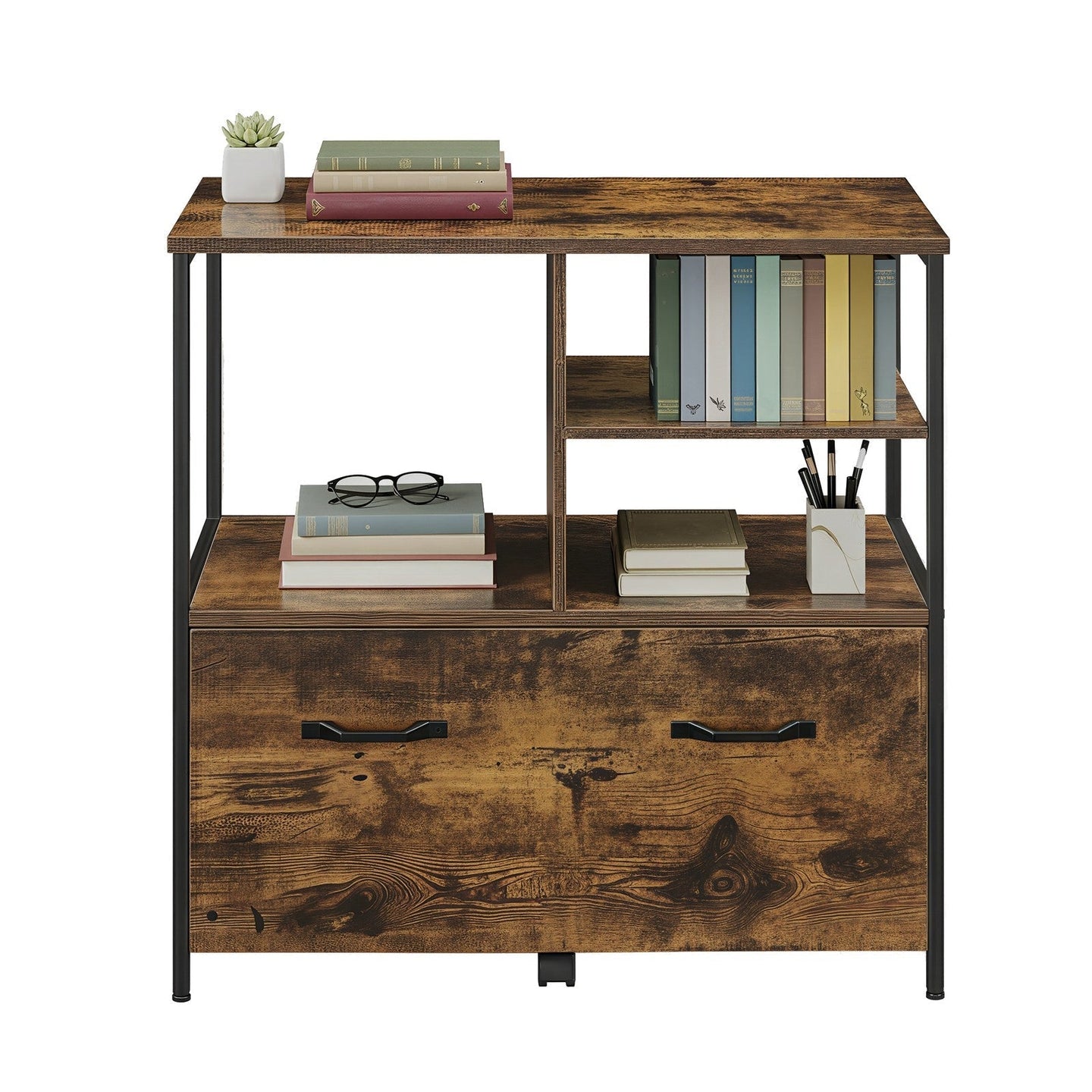 Mobile Office Storage Cabinet - Wood - Rustic Brown and Black - with Wheels