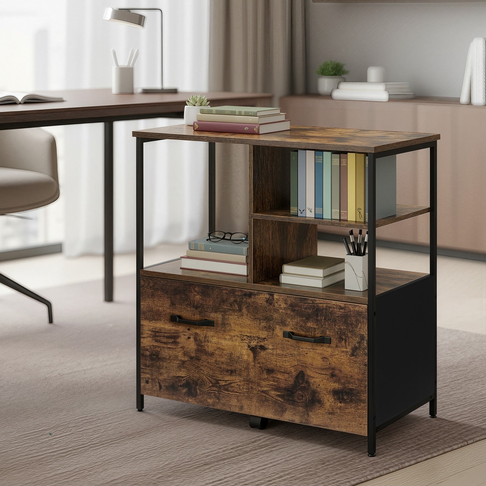 Mobile Office Storage Cabinet - Wood - Rustic Brown and Black - with Wheels