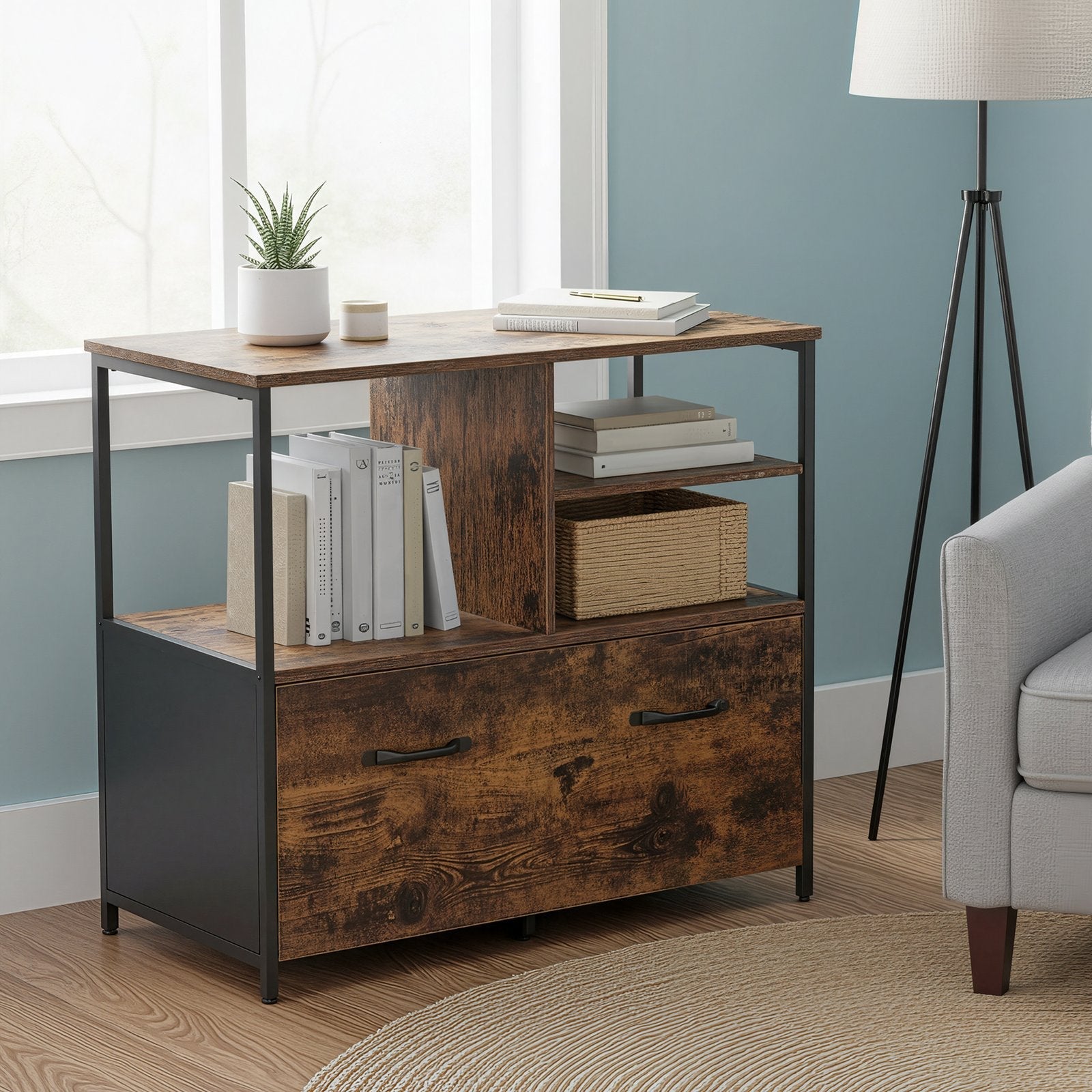 Mobile Office Storage Cabinet - Wood - Rustic Brown and Black - with Wheels