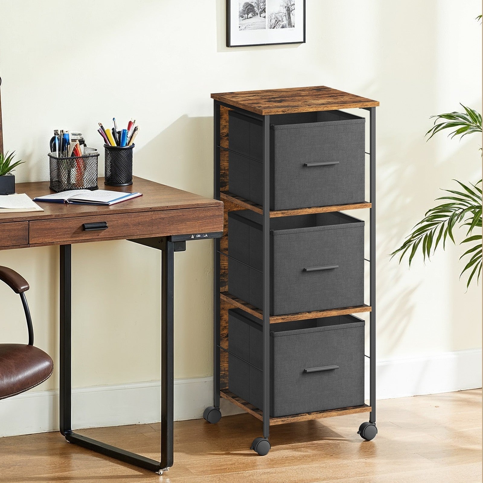 3 Drawer File Cabinet - Wood - Brown - Multi-Functional with Printer Stand and Book Shelf
