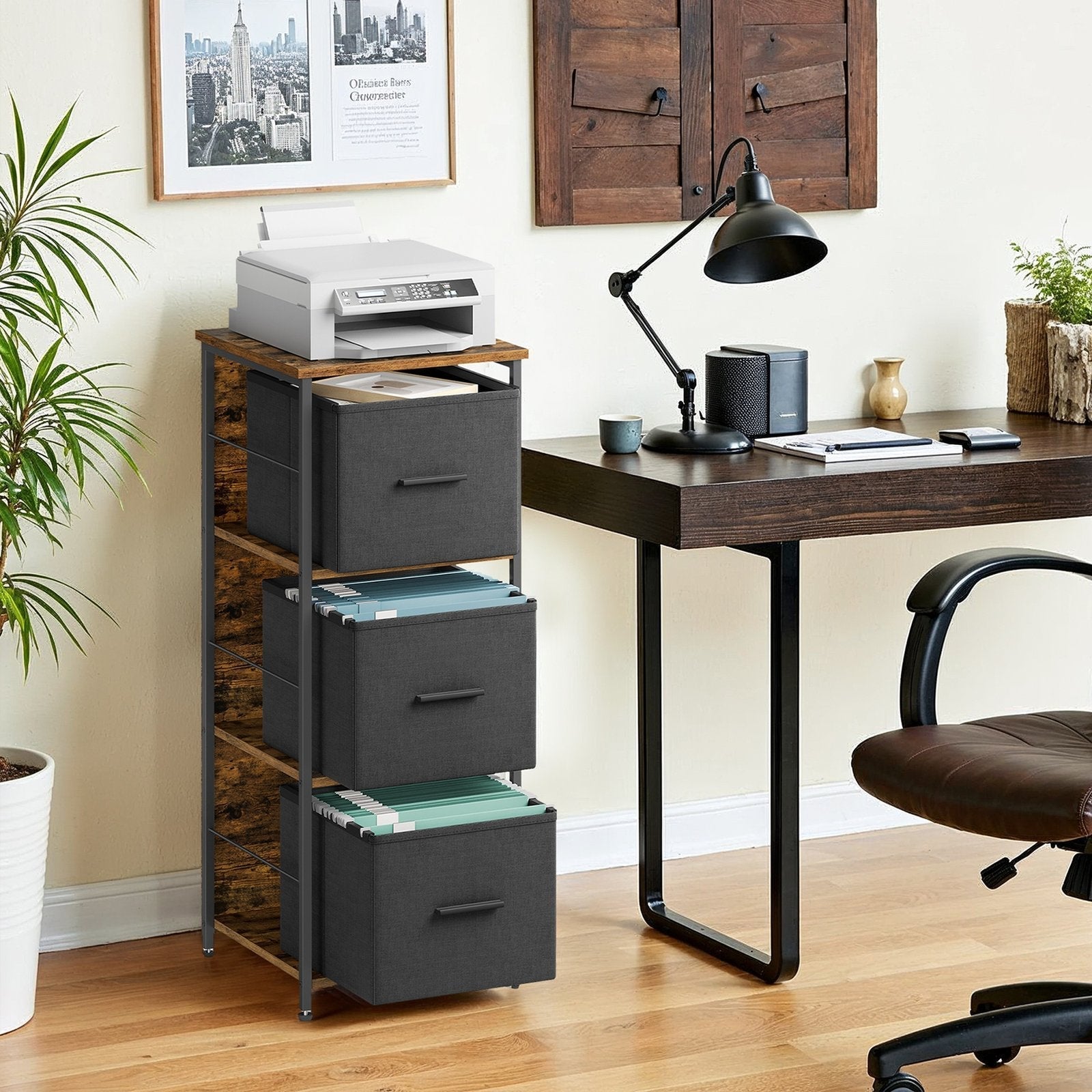 3 Drawer File Cabinet - Wood - Brown - Multi-Functional with Printer Stand and Book Shelf