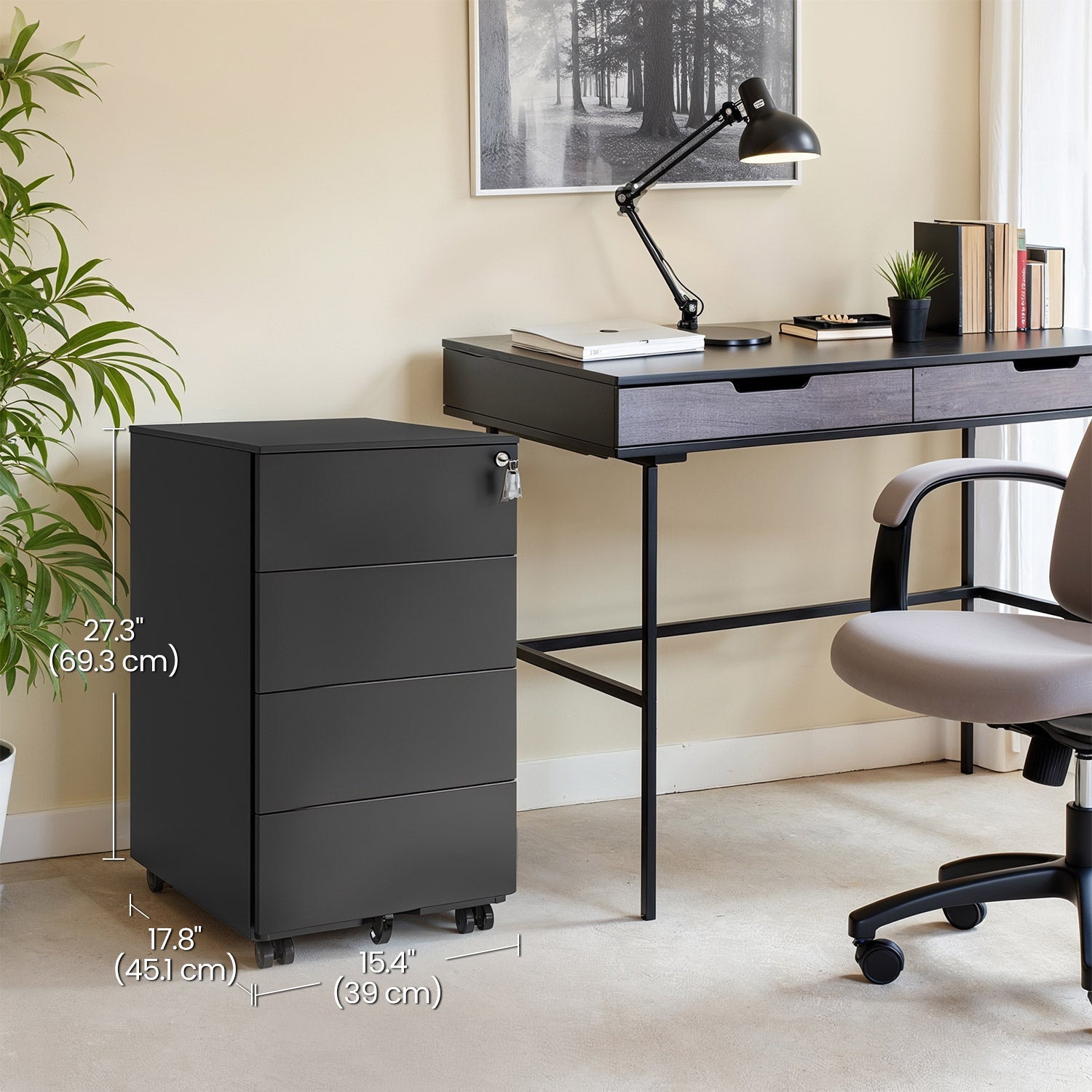 Mobile Filing Cabinet - Wood - Ink Black - Lockable with 4 Drawers