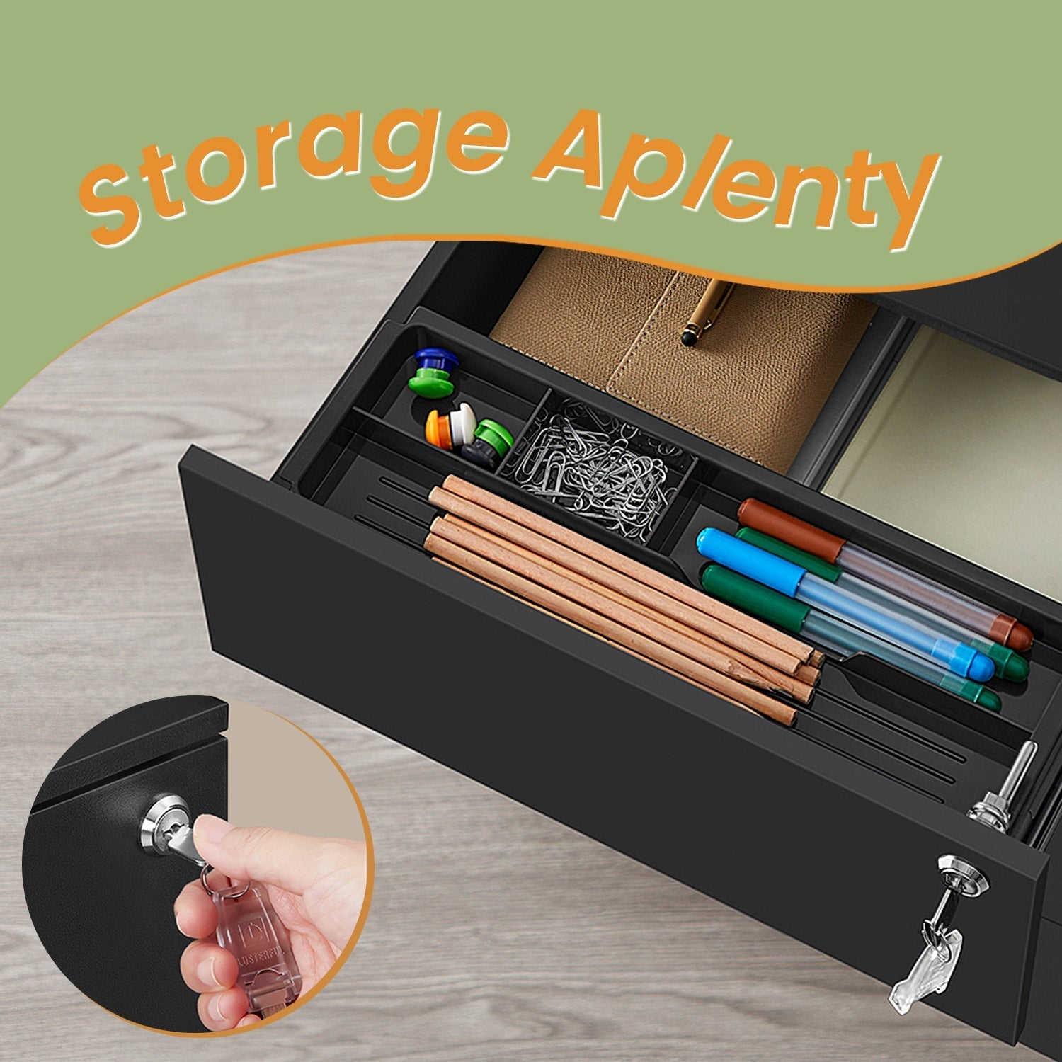 Mobile Filing Cabinet - Wood - Ink Black - Lockable with 4 Drawers
