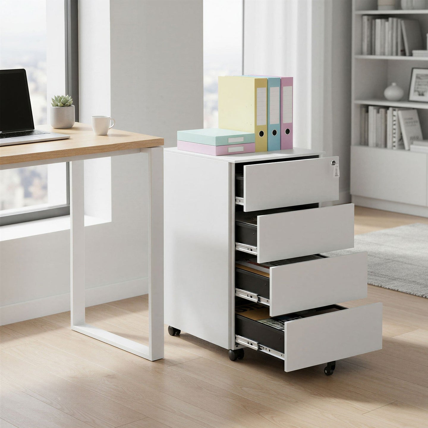 Lockable Mobile File Cabinet - Engineered Wood - Ink Black - 4 Drawers for Documents and Stationery