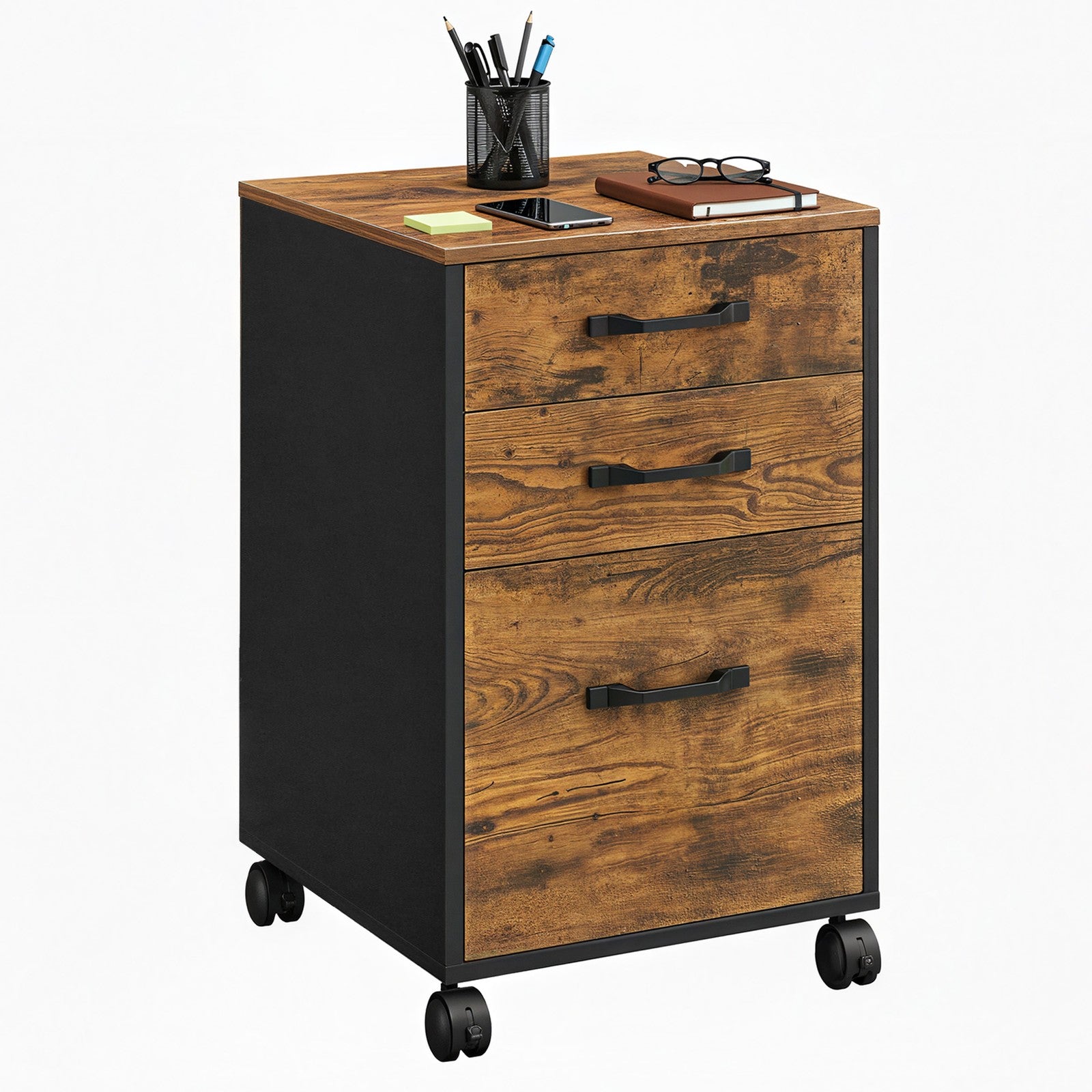 Filing Cabinet - Metal - Rustic Brown - 3 Drawers with Wheels for A4 and Letter Sized Documents