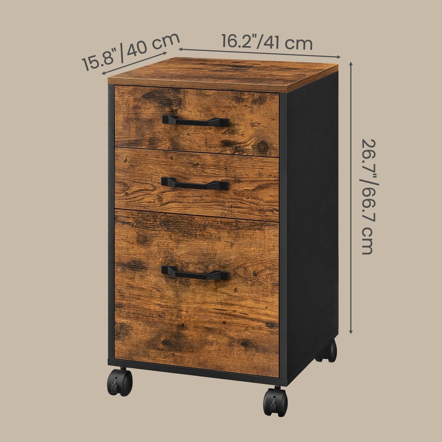 Filing Cabinet - Metal - Rustic Brown - 3 Drawers with Wheels for A4 and Letter Sized Documents