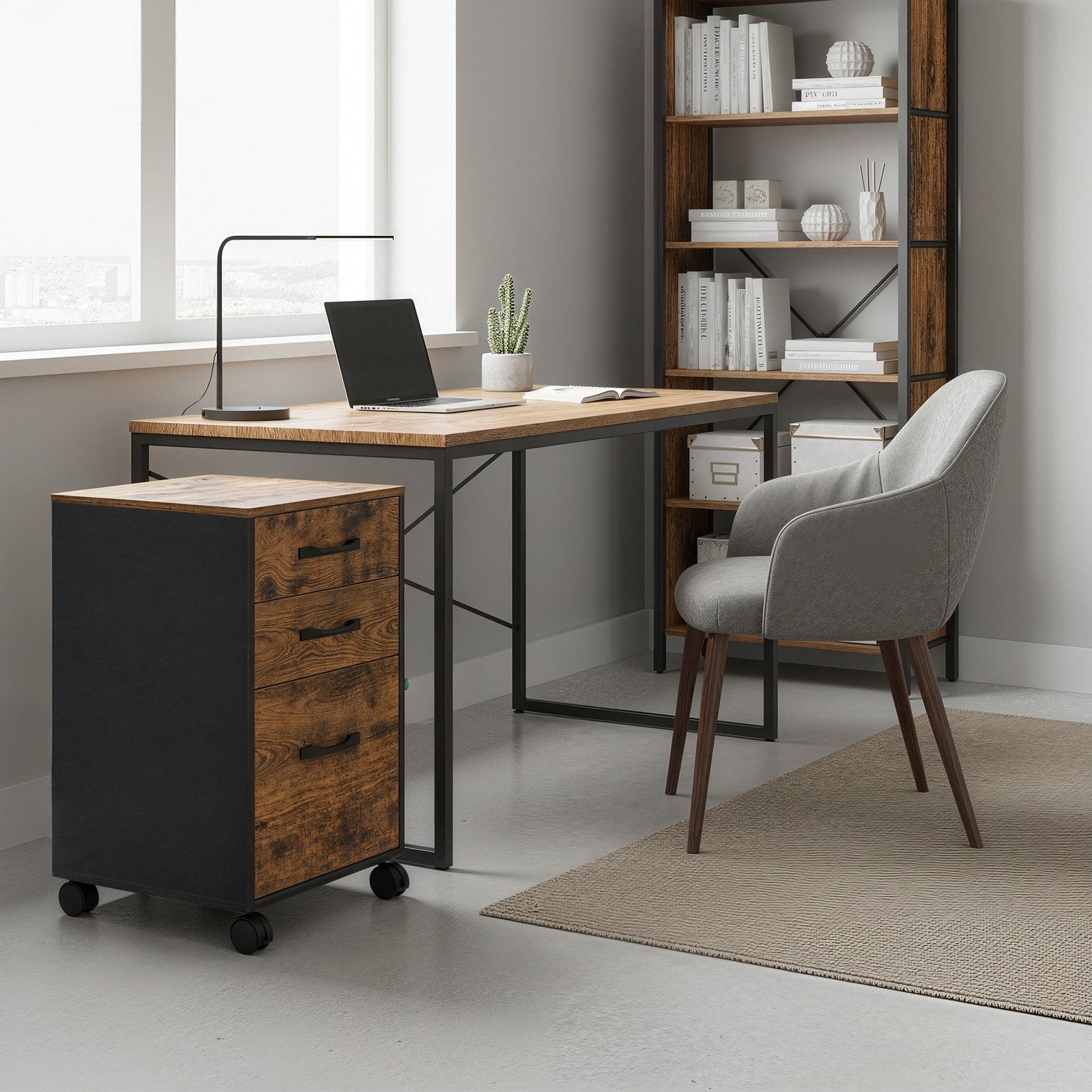 Filing Cabinet - Metal - Rustic Brown - 3 Drawers with Wheels for A4 and Letter Sized Documents