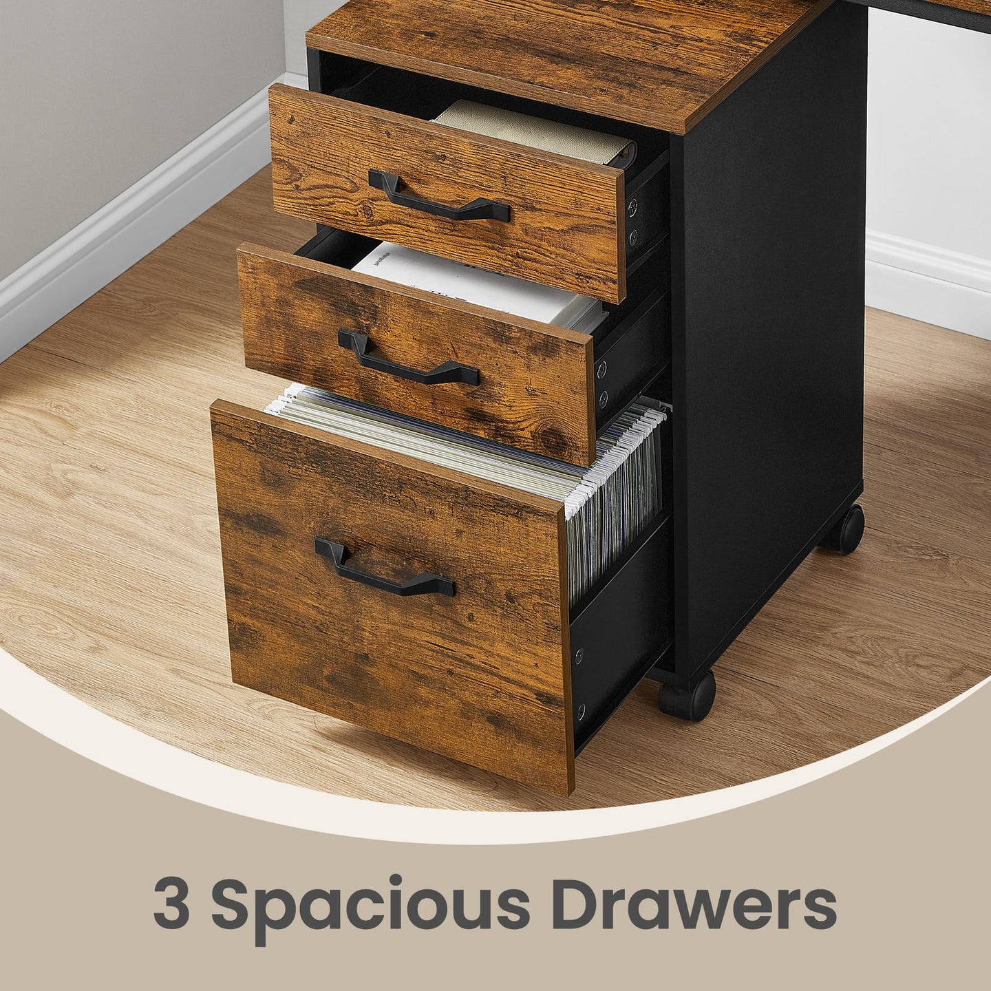 Filing Cabinet - Metal - Rustic Brown - 3 Drawers with Wheels for A4 and Letter Sized Documents