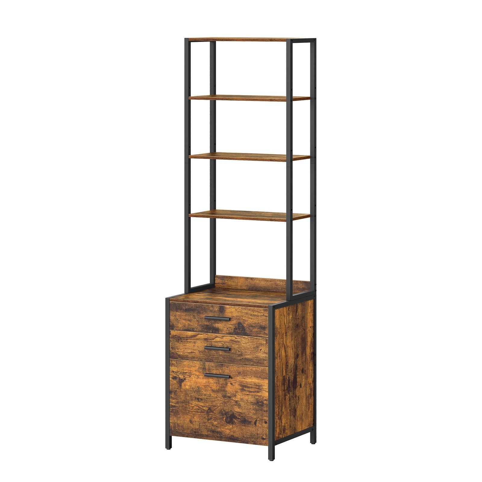 Office Storage Cabinet - Steel - Rustic Brown - 3-Drawer with Adjustable Open Shelves