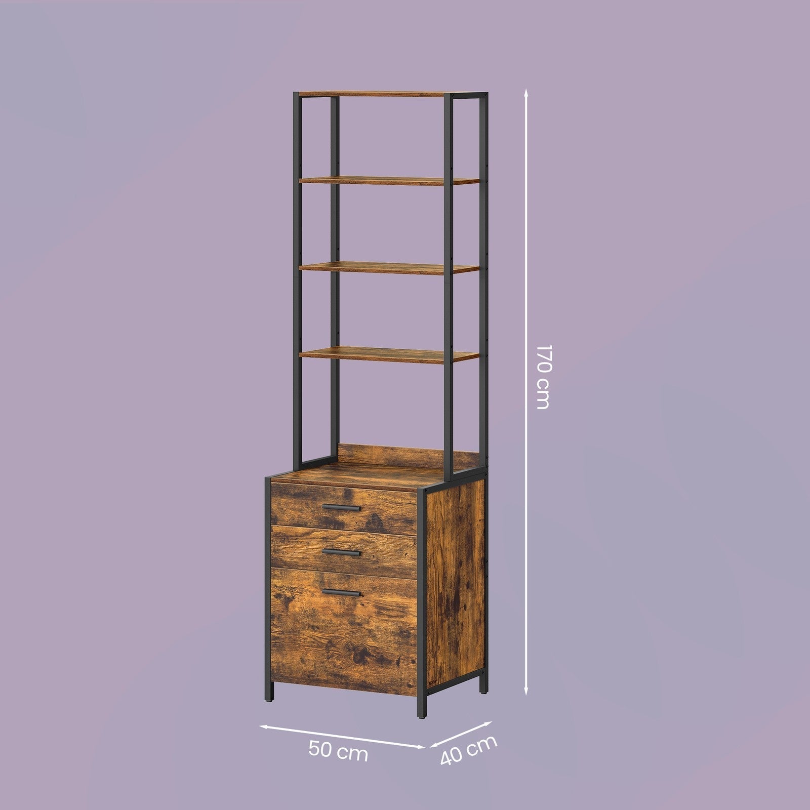 Office Storage Cabinet - Steel - Rustic Brown - 3-Drawer with Adjustable Open Shelves