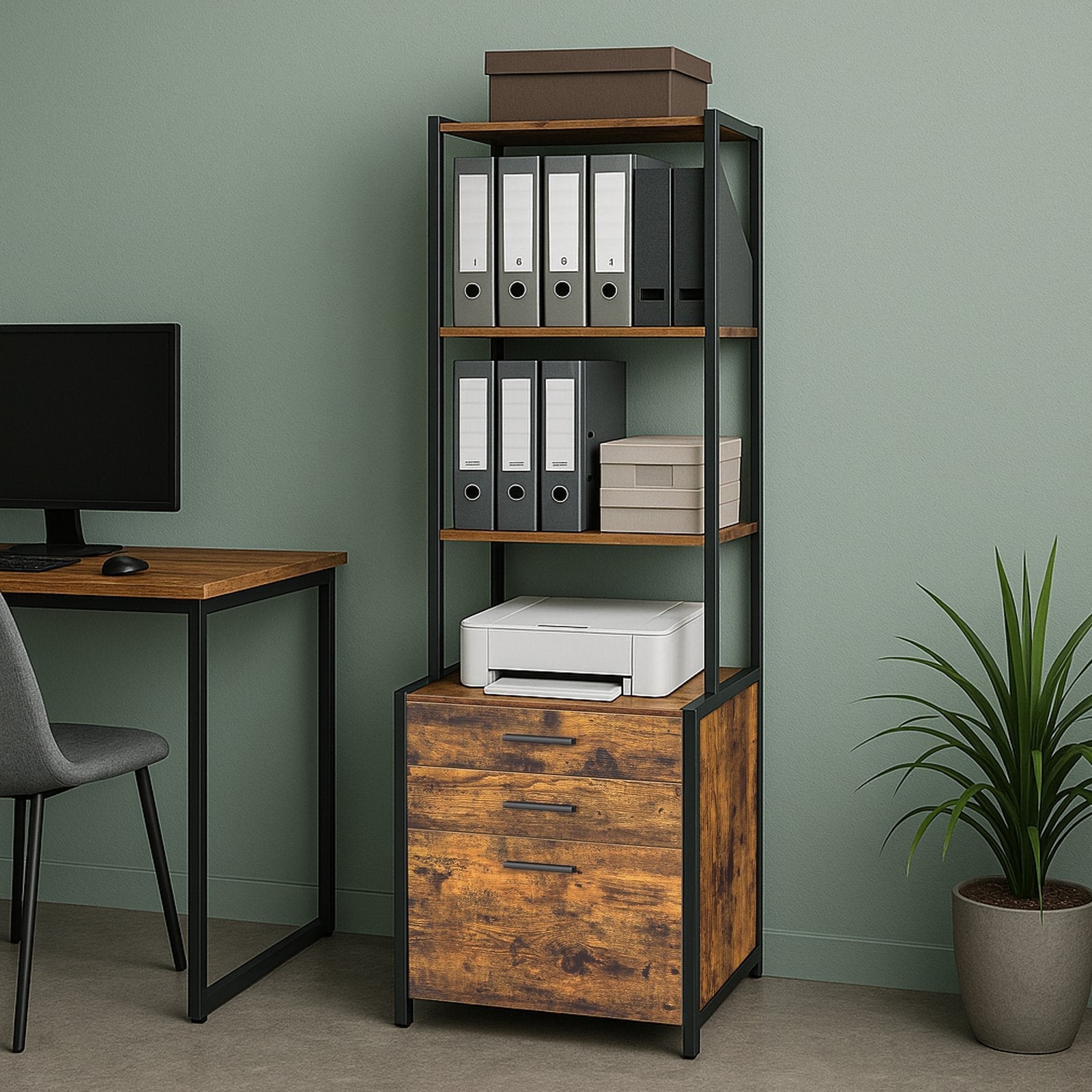Office Storage Cabinet - Steel - Rustic Brown - 3-Drawer with Adjustable Open Shelves