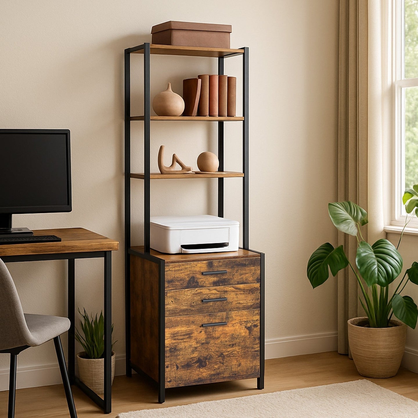 Office Storage Cabinet - Steel - Rustic Brown - 3-Drawer with Adjustable Open Shelves