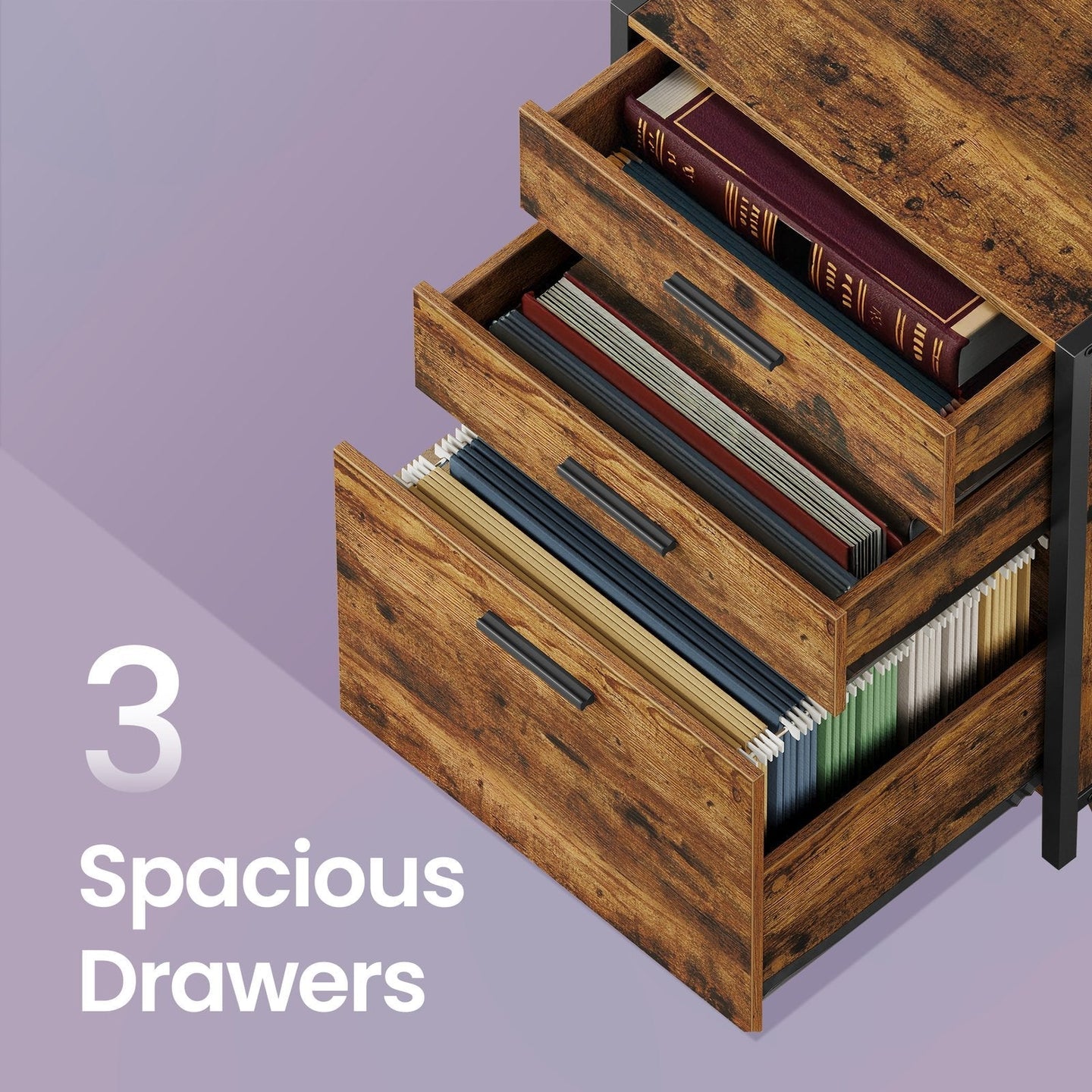 Office Storage Cabinet - Steel - Rustic Brown - 3-Drawer with Adjustable Open Shelves