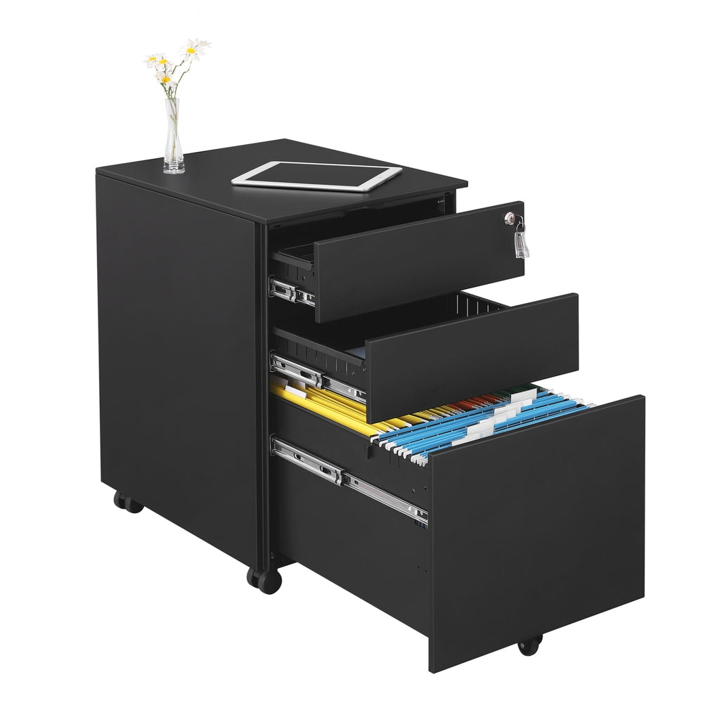 Mobile Office File Cabinet - Steel - Black - with Wheels and Lock