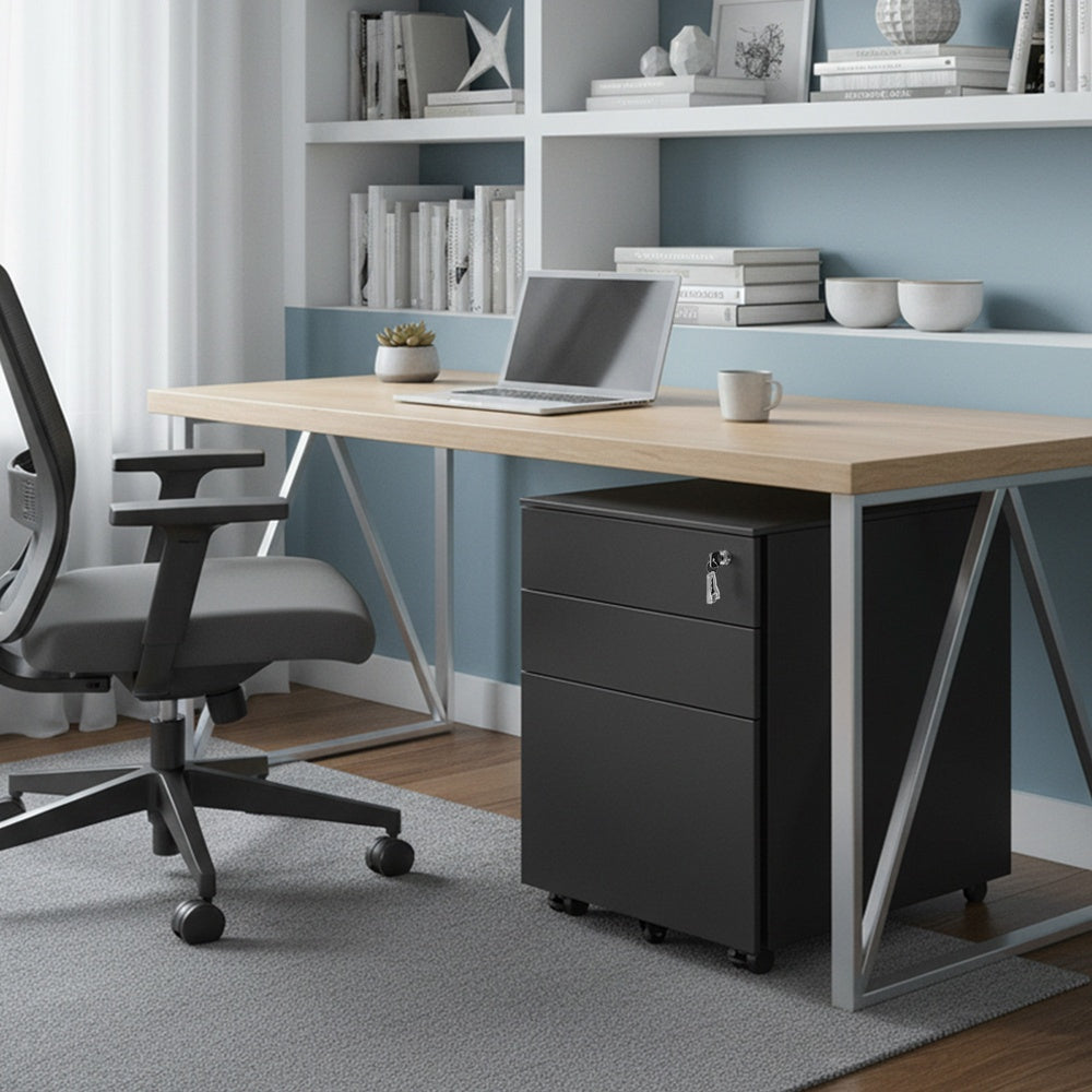 Mobile Office File Cabinet - Steel - Black - with Wheels and Lock