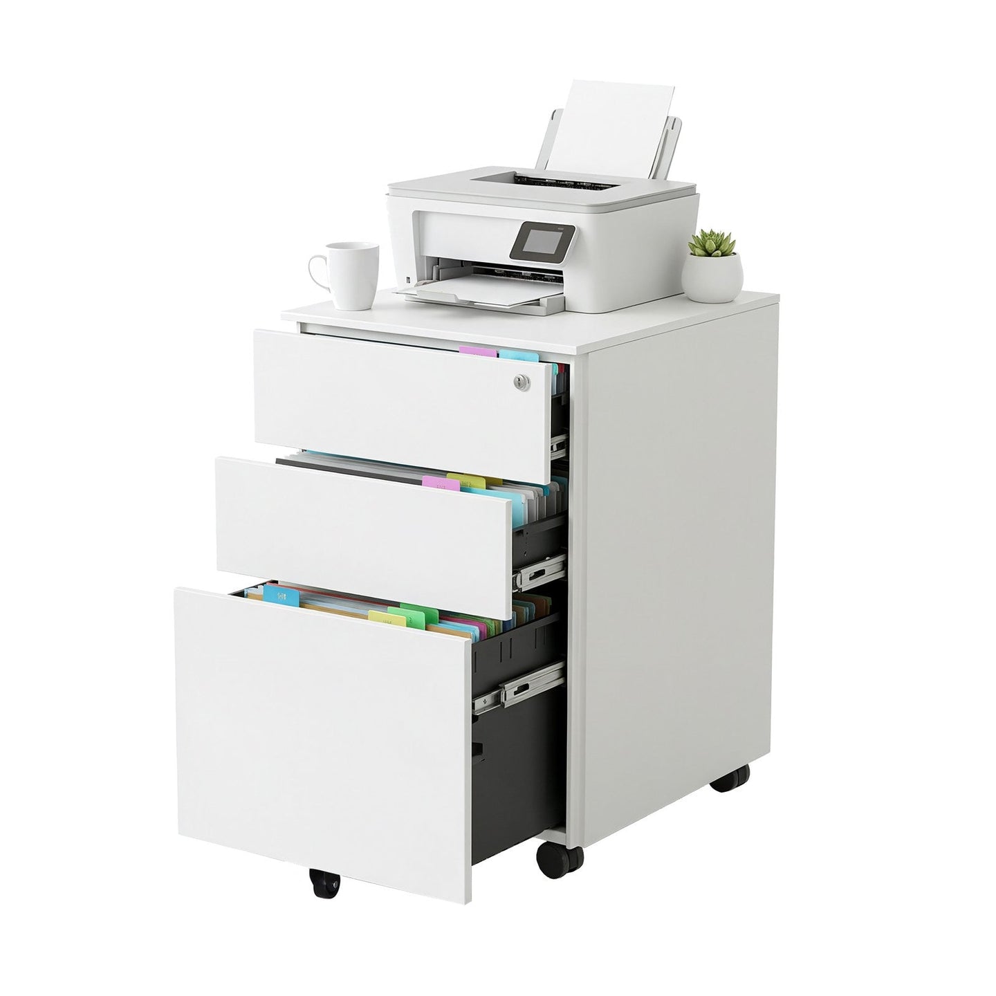 Mobile Office File Cabinet - Steel - White - Lockable with Wheels and Hanging File Rails