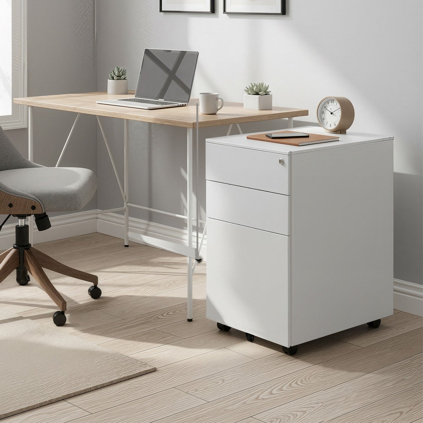 Mobile Office File Cabinet - Steel - White - Lockable with Wheels and Hanging File Rails