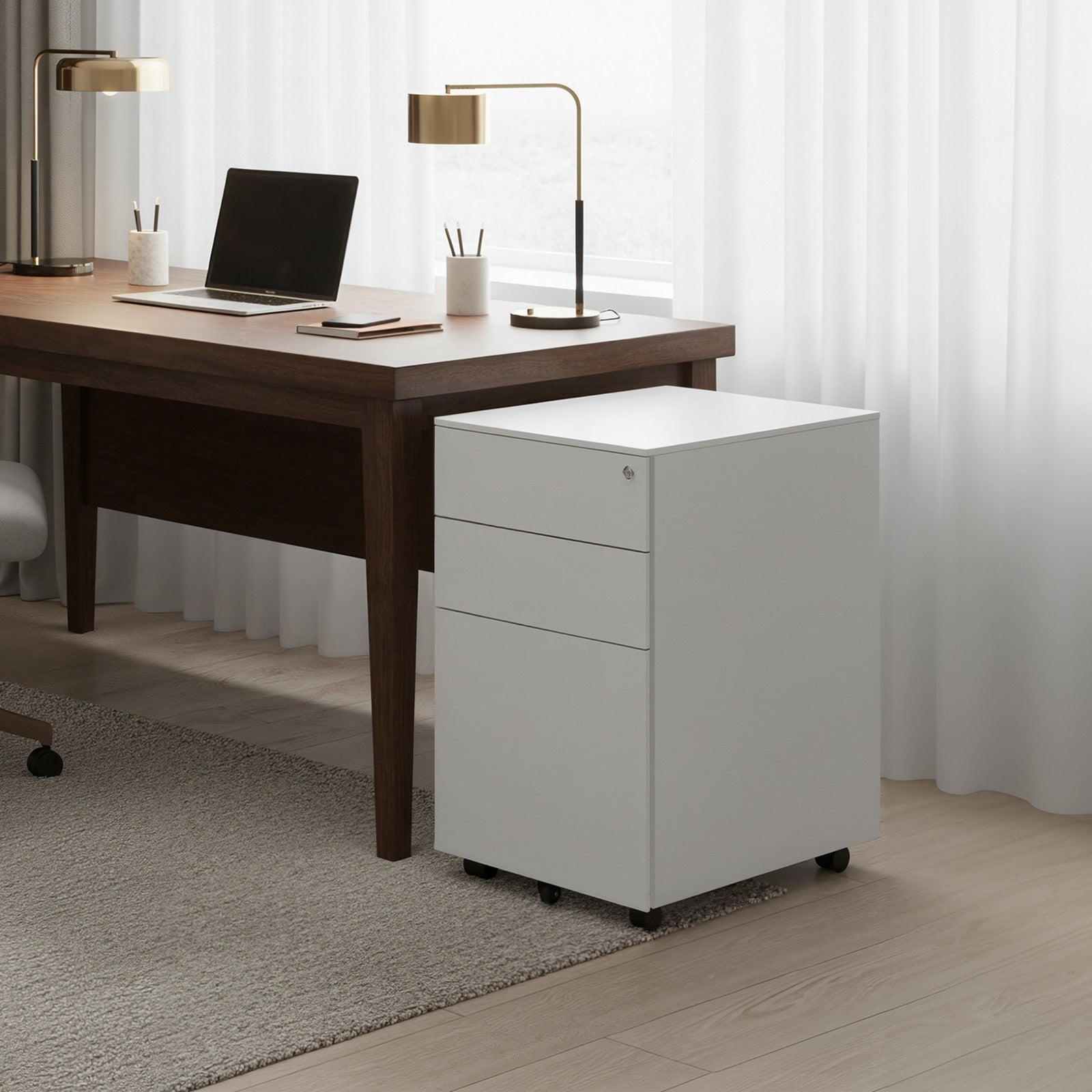 Mobile Office File Cabinet - Steel - White - Lockable with Wheels and Hanging File Rails