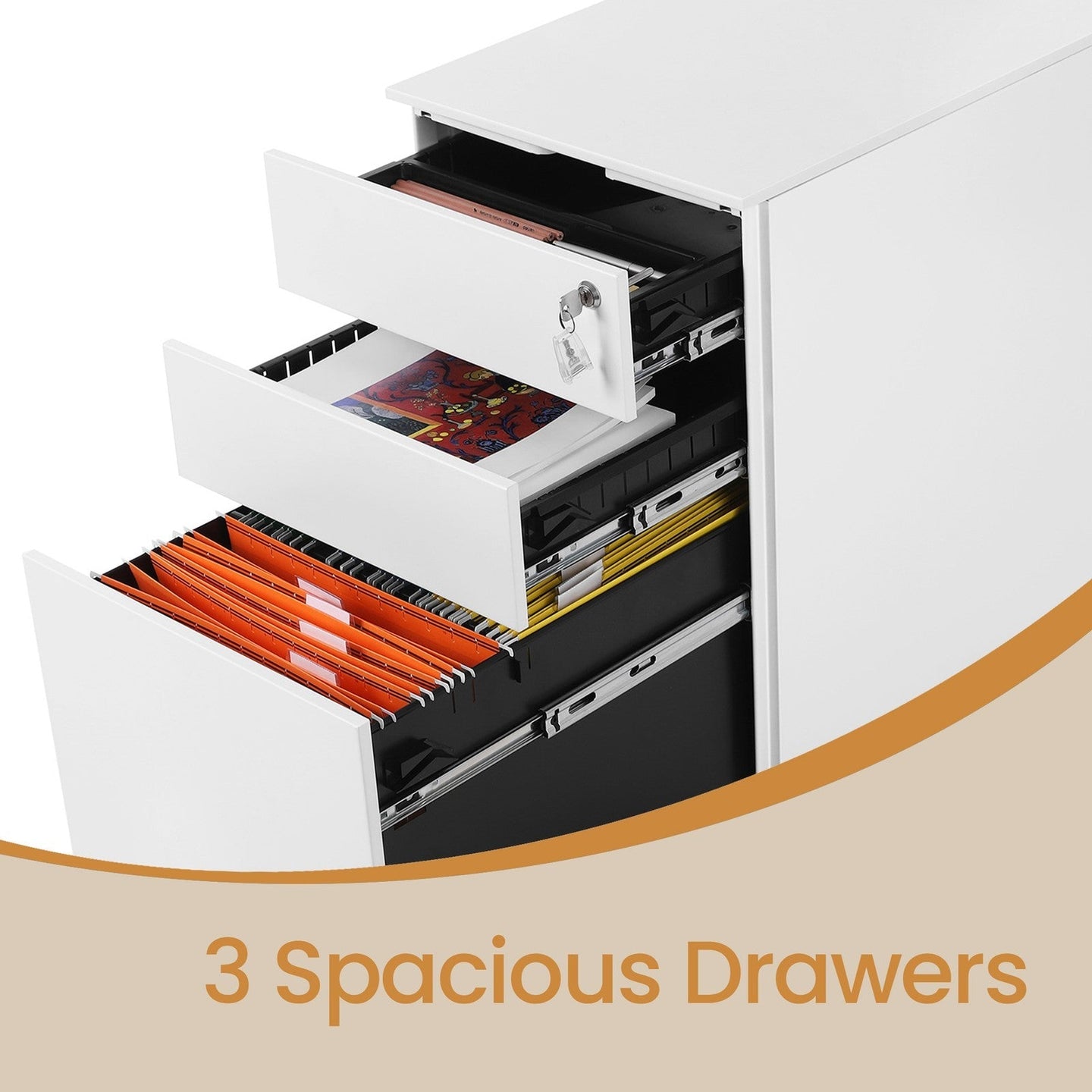 Mobile Office File Cabinet - Steel - White - Lockable with Wheels and Hanging File Rails