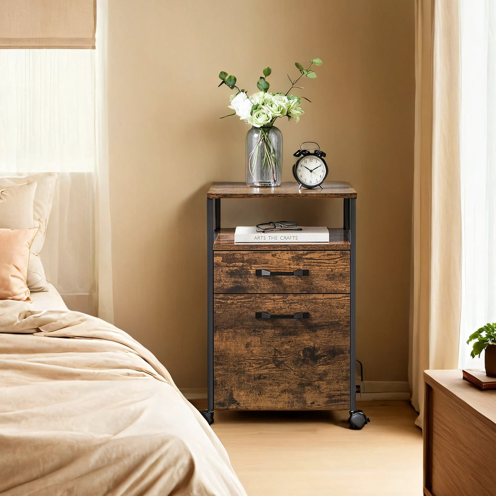 Mobile File Cabinet - Wood and Steel - Rustic Brown - with 2 Drawers