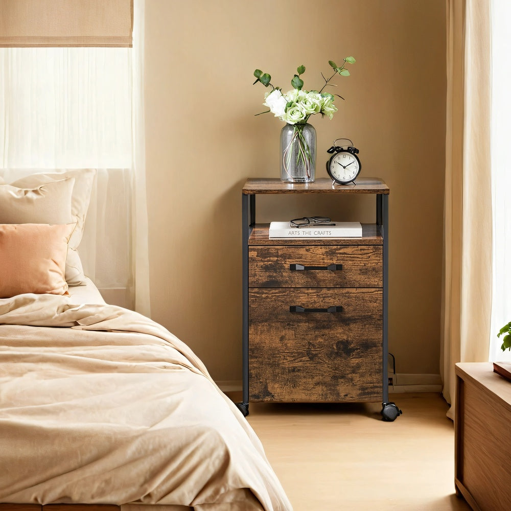 Mobile File Cabinet - Wood and Steel - Rustic Brown - with 2 Drawers
