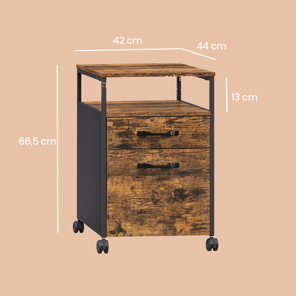 Mobile File Cabinet - Wood and Steel - Rustic Brown - with 2 Drawers
