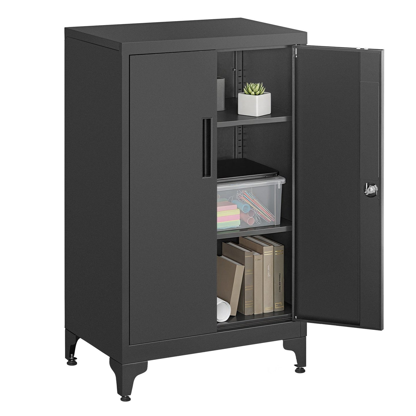 Metal Storage Cabinet - Steel - Ink Black - Lockable with Shelves for Home and Office