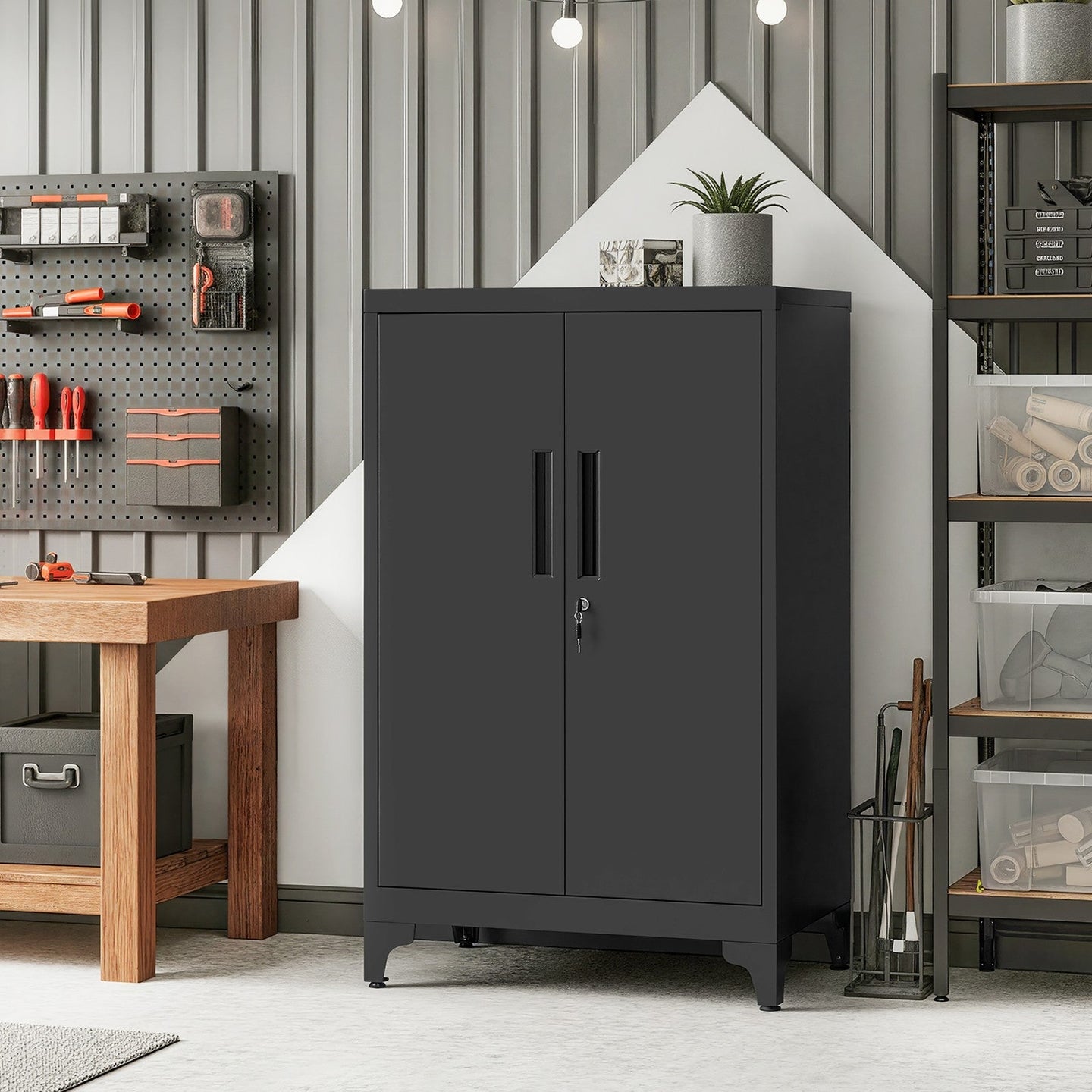 Metal Storage Cabinet - Steel - Ink Black - Lockable with Shelves for Home and Office