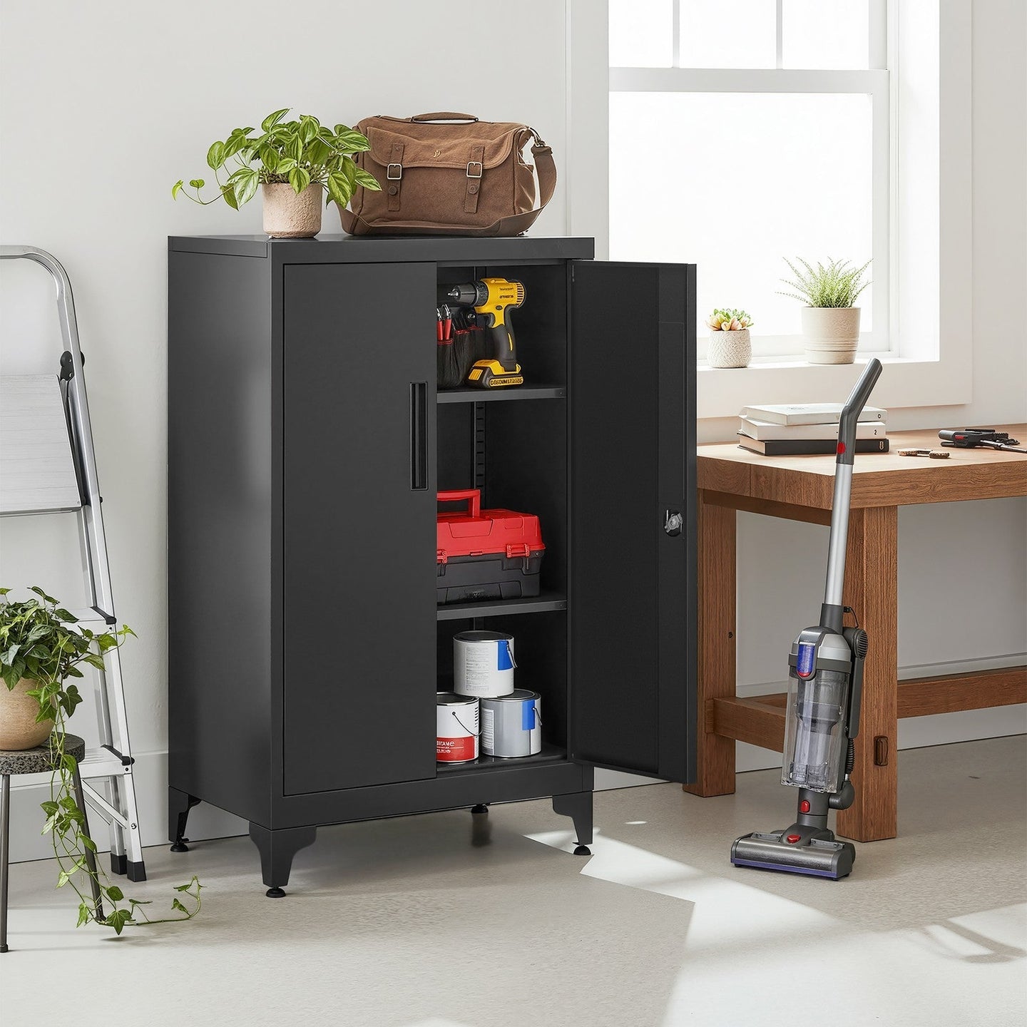 Metal Storage Cabinet - Steel - Ink Black - Lockable with Shelves for Home and Office