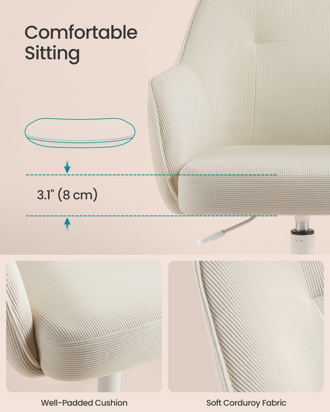 Office Chair Swivel Desk Chair Load - Polyester Corduroy Fabric and Steel - Sand Beige