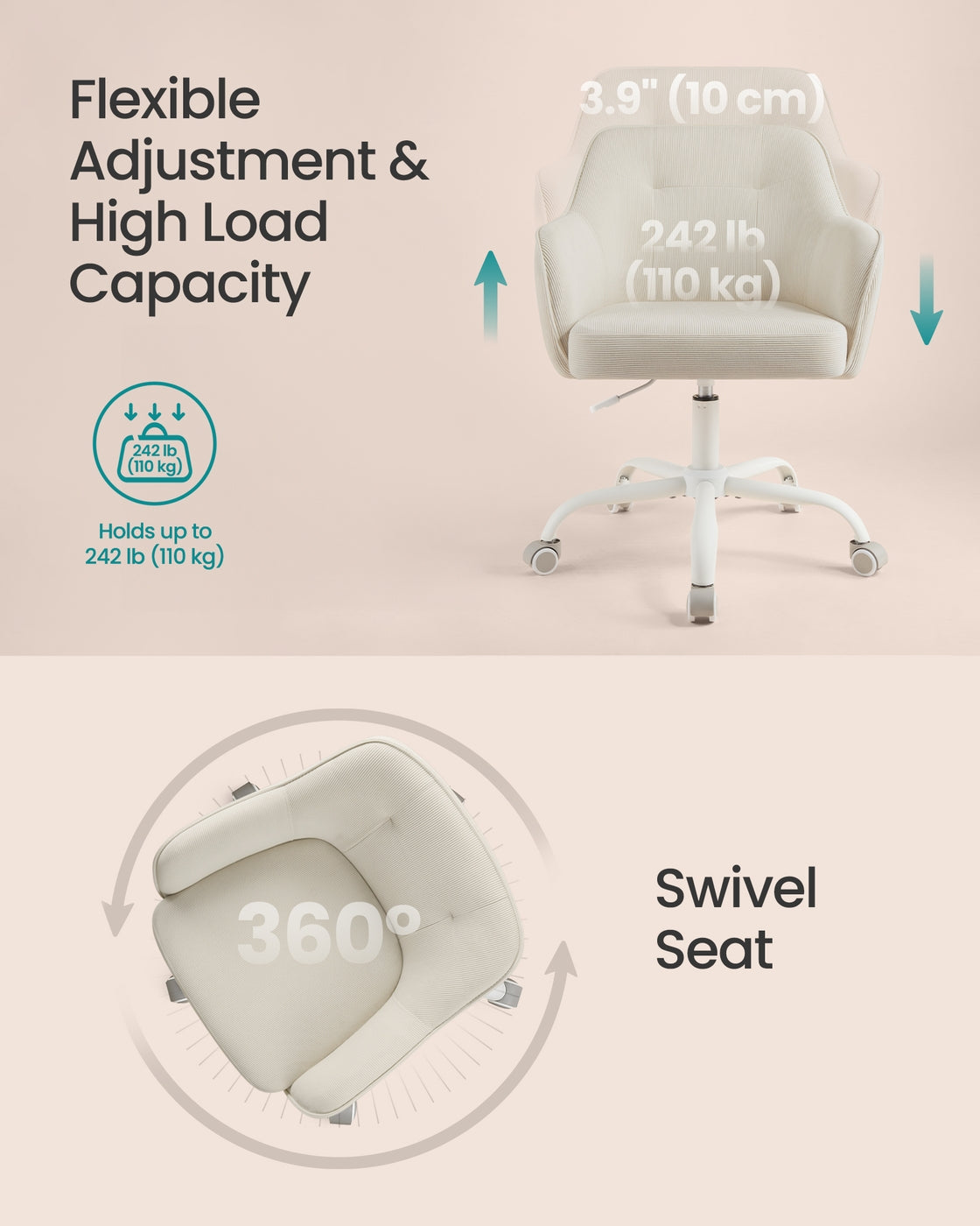 Office Chair Swivel Desk Chair Load - Polyester Corduroy Fabric and Steel - Sand Beige