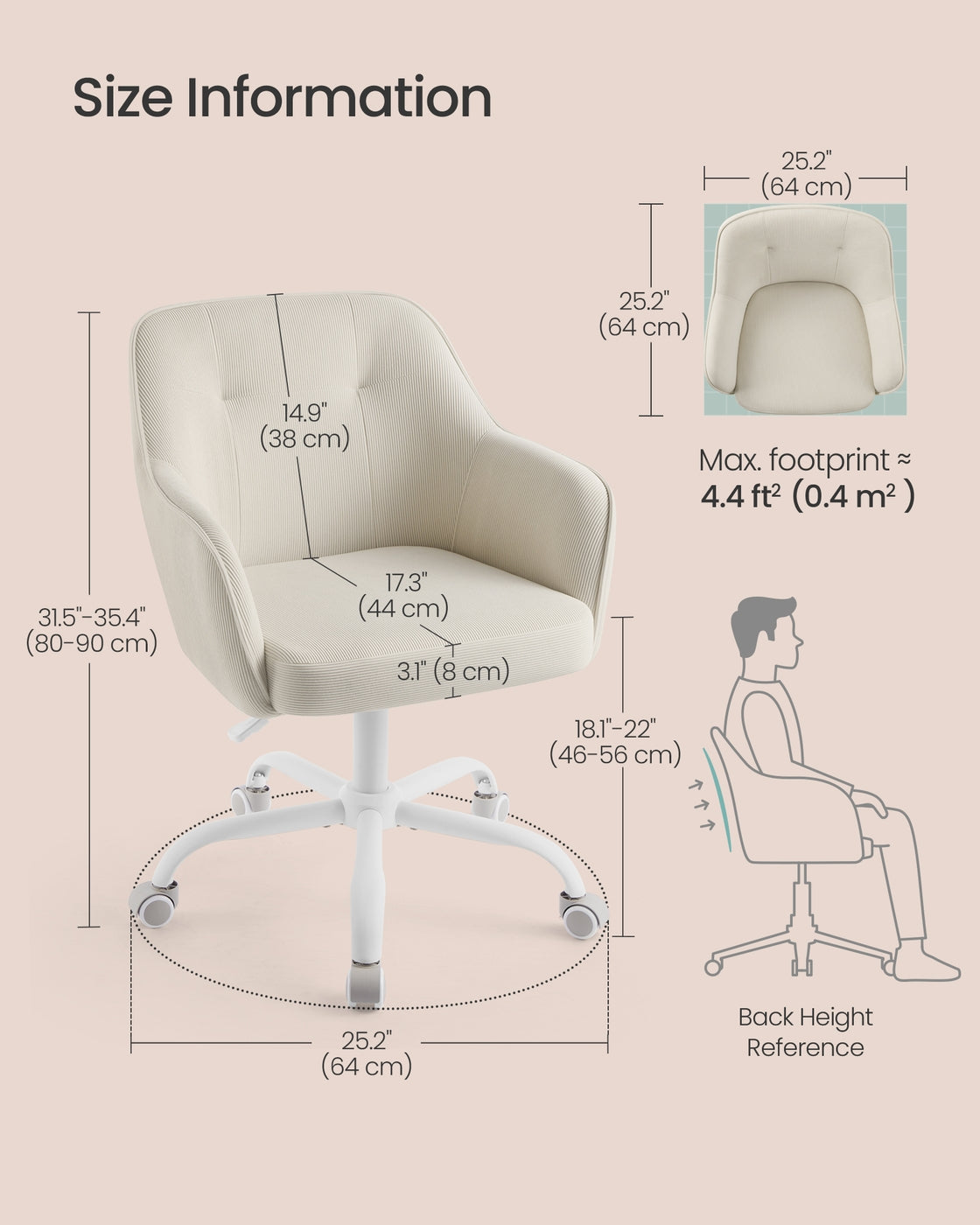 Office Chair Swivel Desk Chair Load - Polyester Corduroy Fabric and Steel - Sand Beige