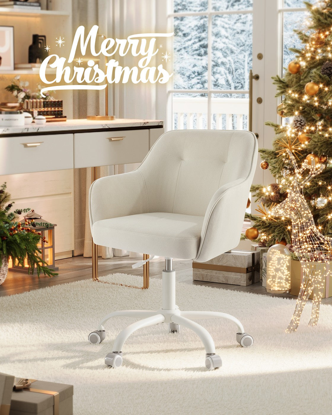 Office Chair Swivel Desk Chair Load - Polyester Corduroy Fabric and Steel - Sand Beige