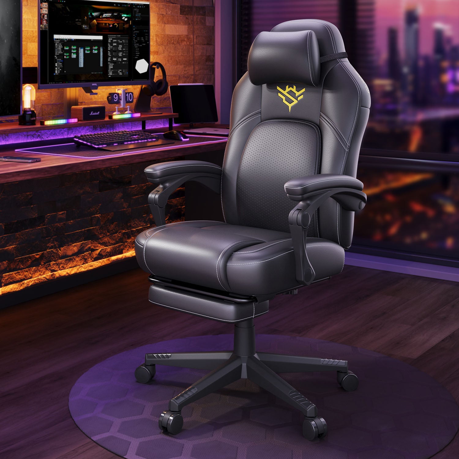 Gaming Chair - Steel and Synthetic Leather - Ink Black - with Footrest