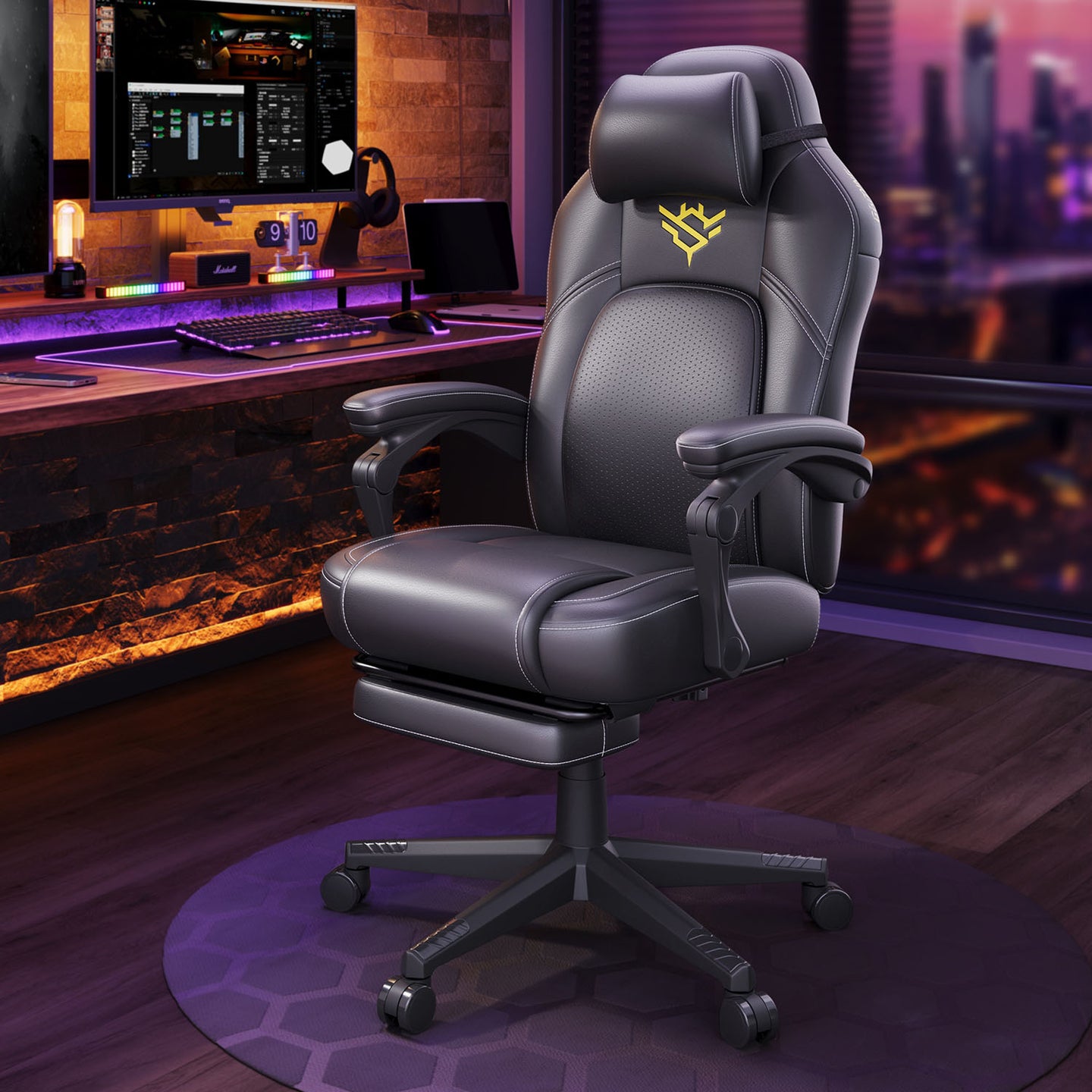 Gaming Chair - Steel and Synthetic Leather - Ink Black - with Footrest
