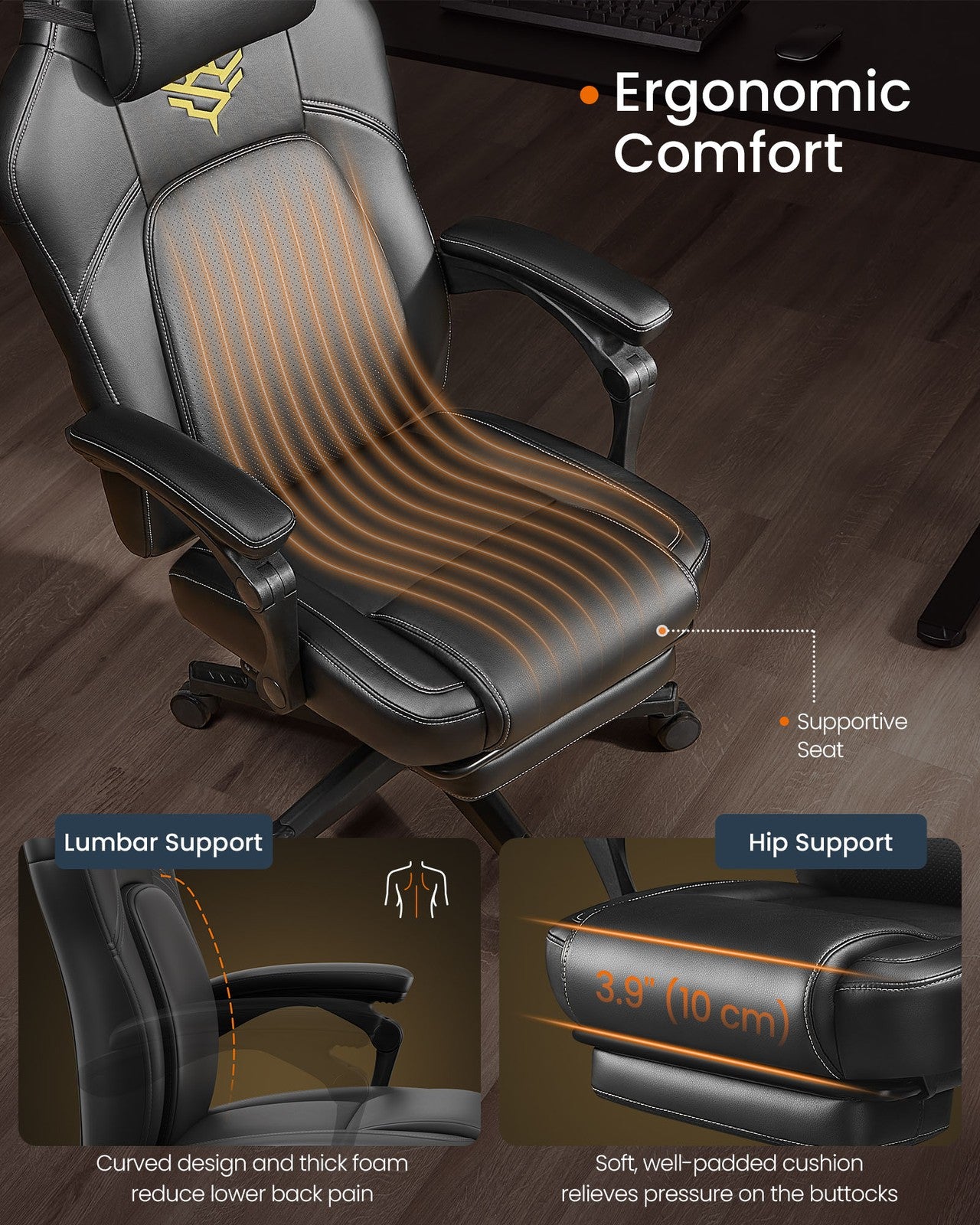 Gaming Chair - Steel and Synthetic Leather - Ink Black - with Footrest